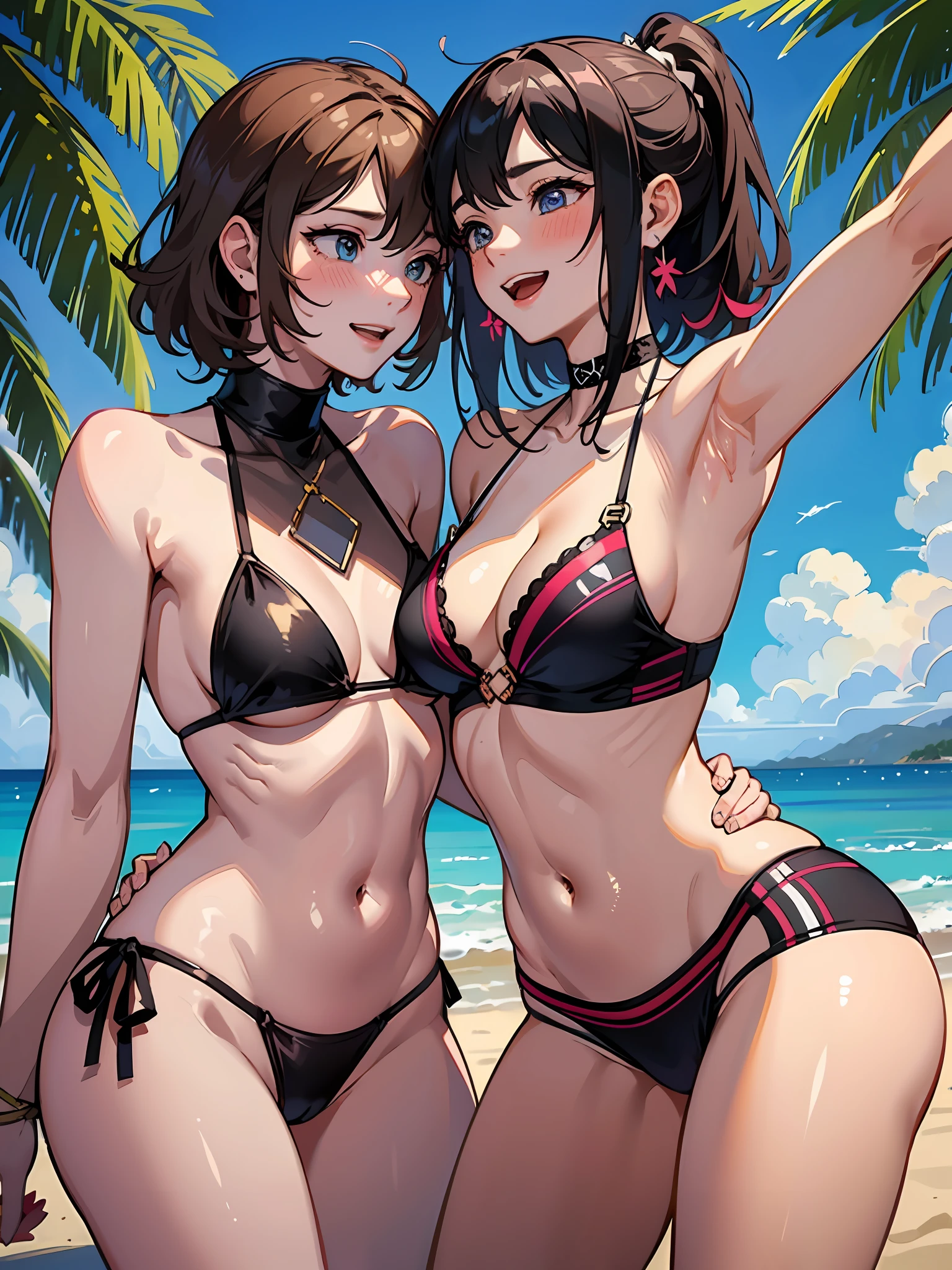 2 women having fun together, dynamic, laughing, hentai:1.2, NSFW:1.2, lesbians:1.2, blushing, sexy bikini, hot summer day, small, perfect anatomy, ticklish armpit, caresses