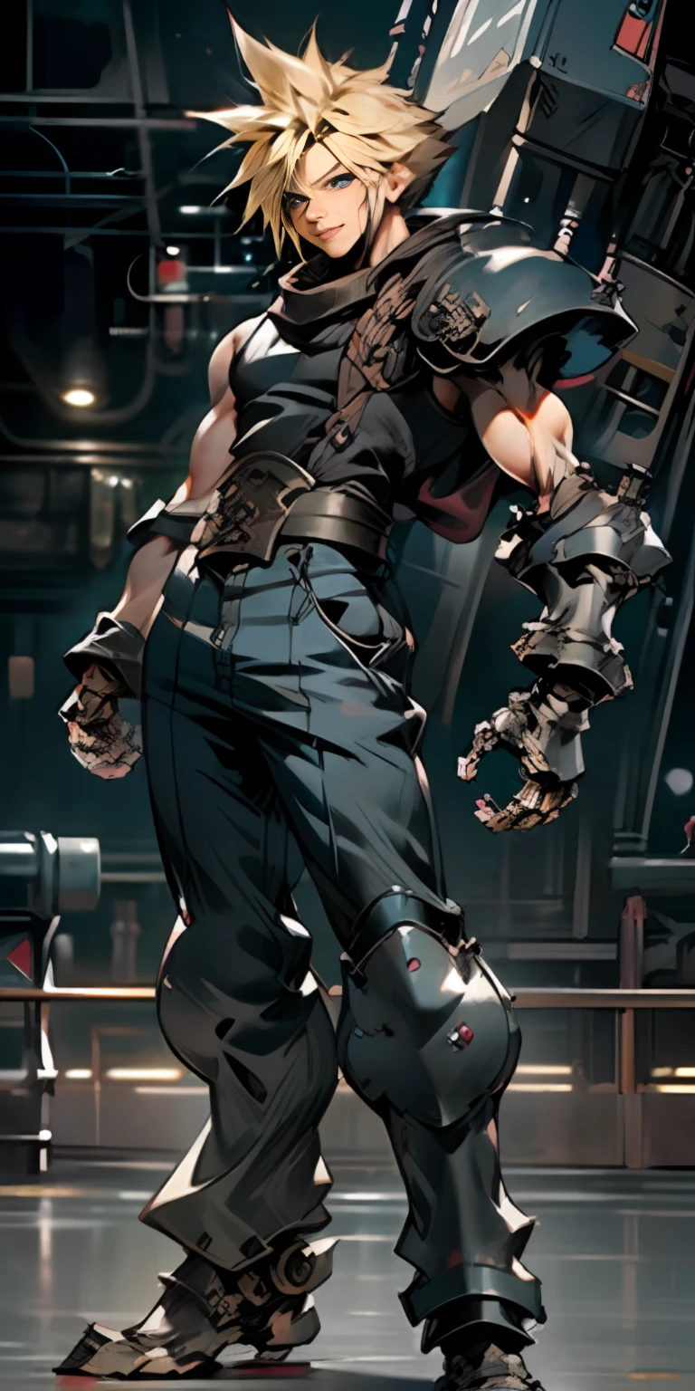 masterpiece, best quality, anime style, 1boy, cloud strife , night, looking at viewer, power, (standing:1.4), (full body:1.4), smiling, fight pose, male focus, muscles, shirtless, movie composition, depth of field, bokeh, (mechanical arms:1.4), (armor:1.4), (science fiction:1.4), mechanic, anime coloring,