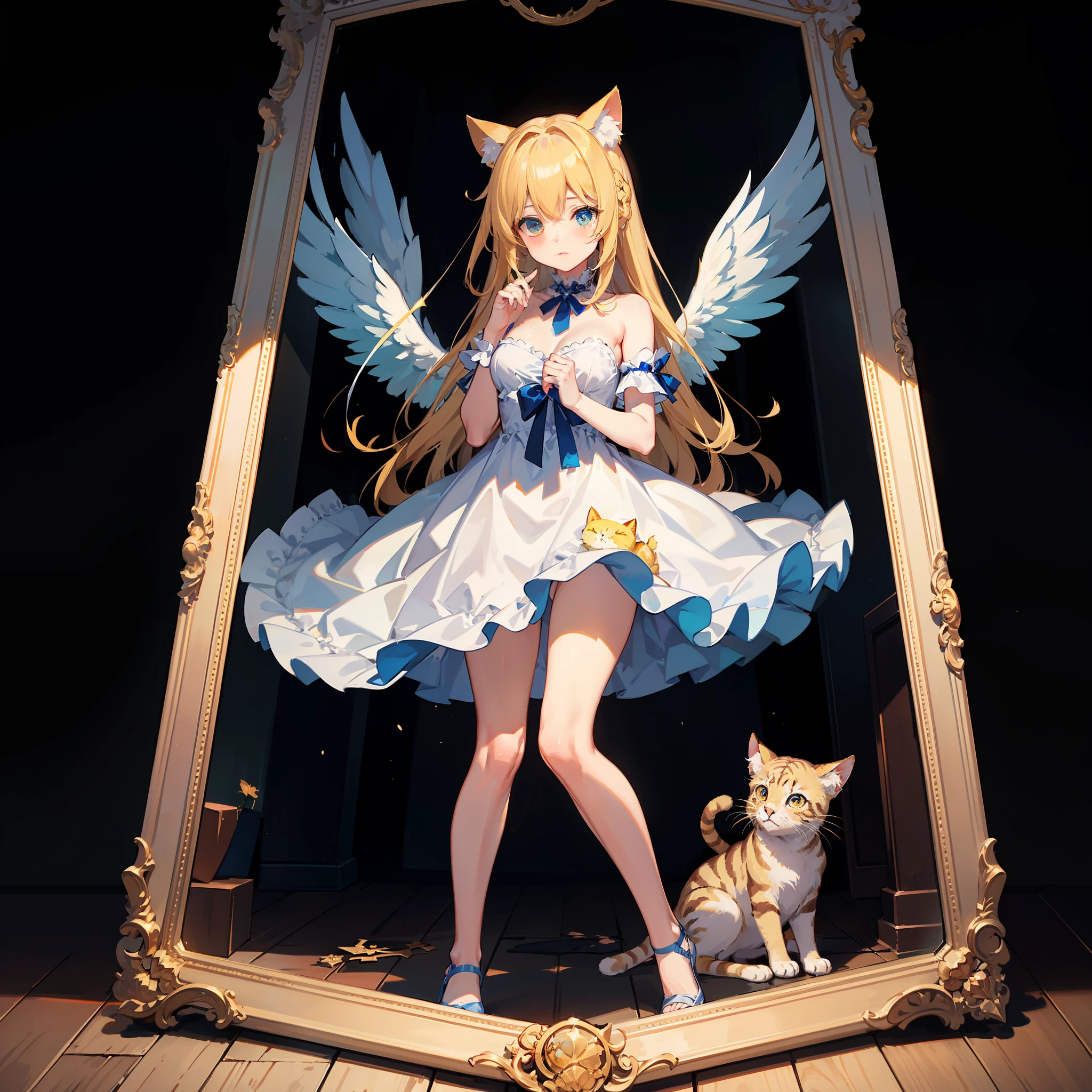 (High Quality) (4K) (Unity wallpaper) A yellow cat ears yellow hair blue eyes maiden, is an angel, has white wings, C cups, temptation, by the broken mirror, the center of the world, heaven, the transmission of light, day and night, the cross.