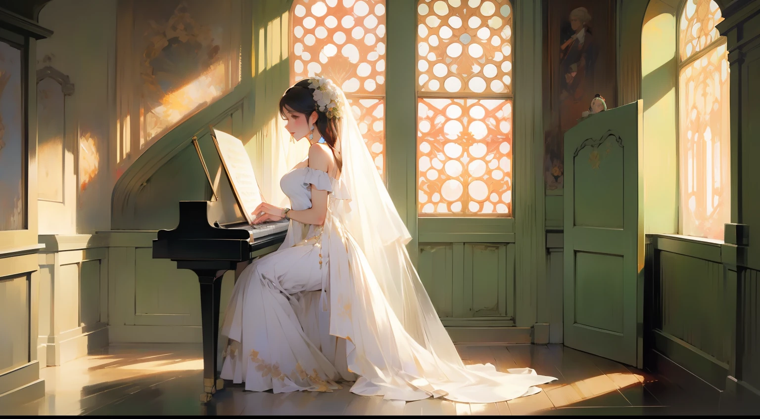 A woman in a white dress is playing the piano in the hall, the afternoon sun shines in through the window, the delicate face is full of details, high detail, 8k, vivid bright colors, behance hd, masterpiece