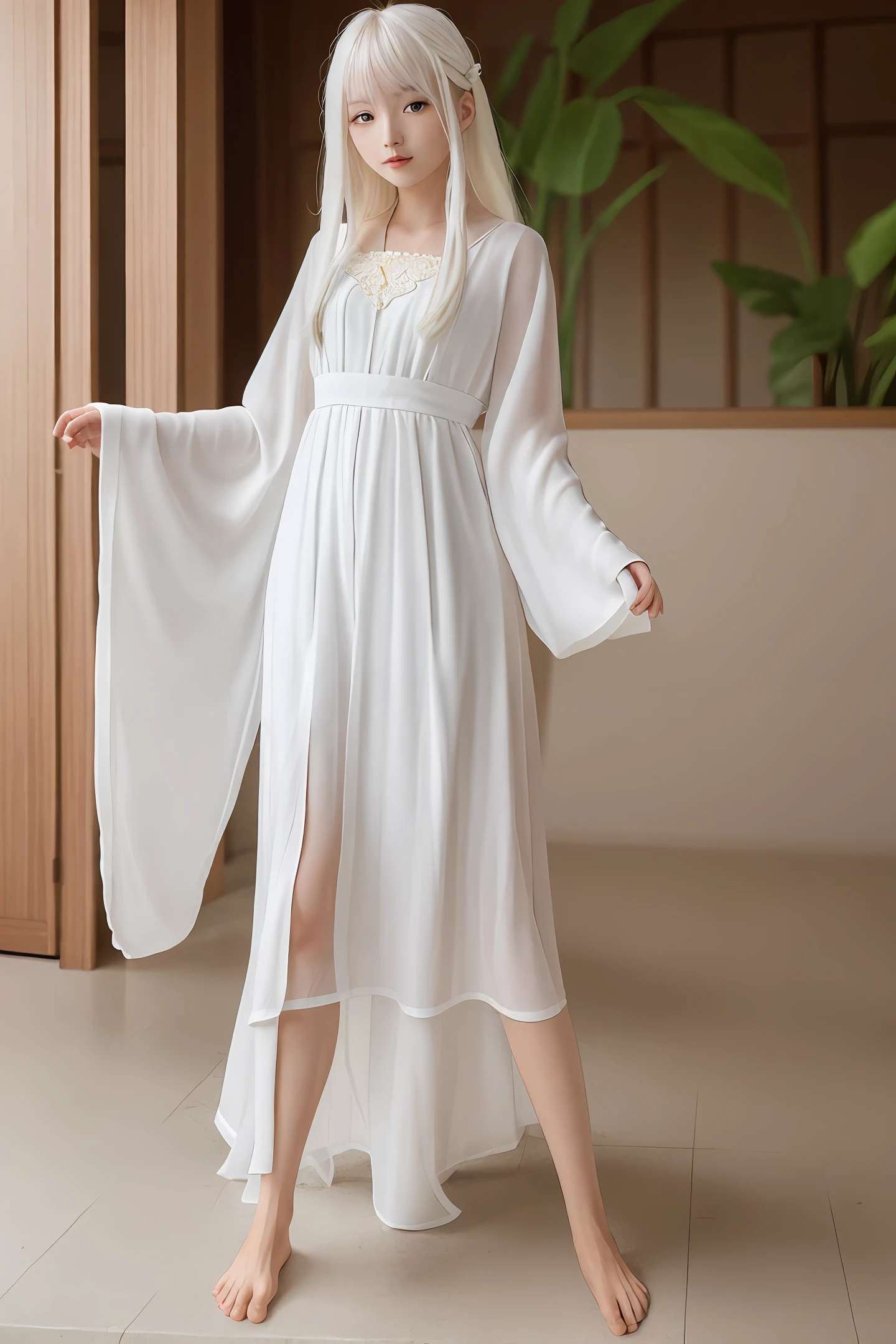 Delicate skin, 4k, long white hair, perfect figure, barefoot, barefoot, sole, sole, slender white leg