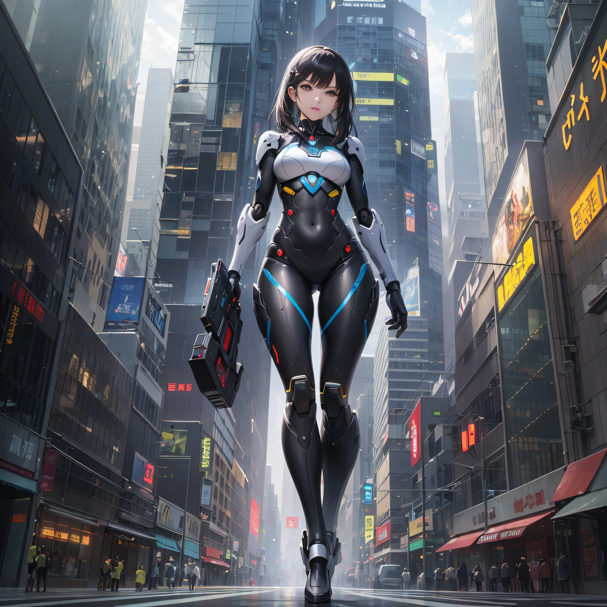 A girl looking at the audience, black hair, Chinese girl, perfect eyes, clothes, (women's clothing: 1.5), (eyes with correct proportions: 1), (mecha: 1.3), robotic arm, front, (full body: 1.5), technology screen, interior scene, glass window, building outside the window, luminous screen building, future city, (Simple background: 1.1), bright background, futuristic, first-person perspective, pov, panorama, ultra hd, masterpiece, accurate, anatomically correct, high detail, (best quality: 1.5), high resolution, 8k, perfect face proportions, upright body, beautiful eyes, perfect face, detailed face, elegant, (casual wear: 1.3), (metal suit: 0.8), full body, long lens (FLS), cyberpunk, futuristic technology, sci-fi, fantasy,