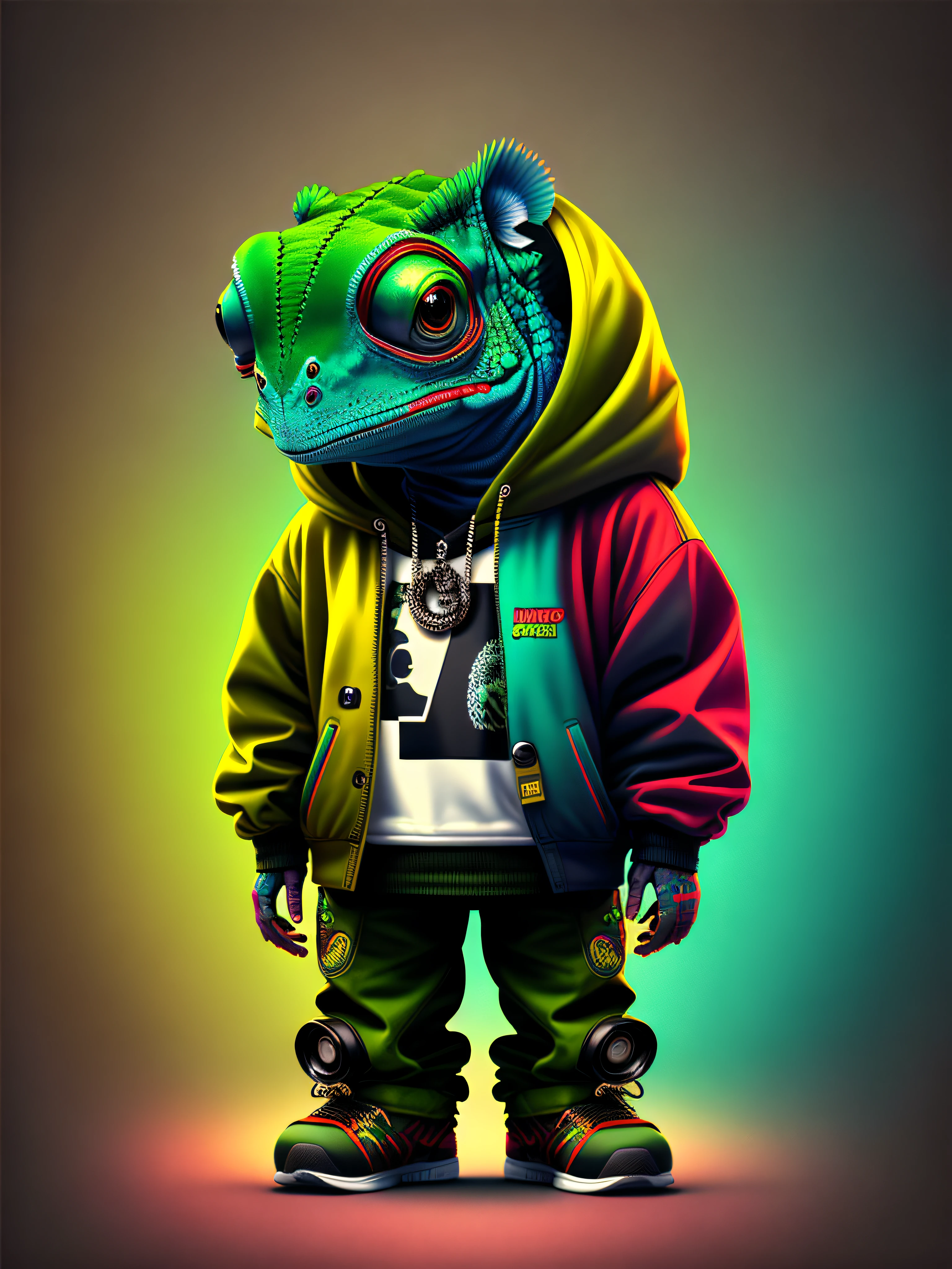 Image of a chameleon standing, wearing hip-hop style clothes, speakers, 90s style