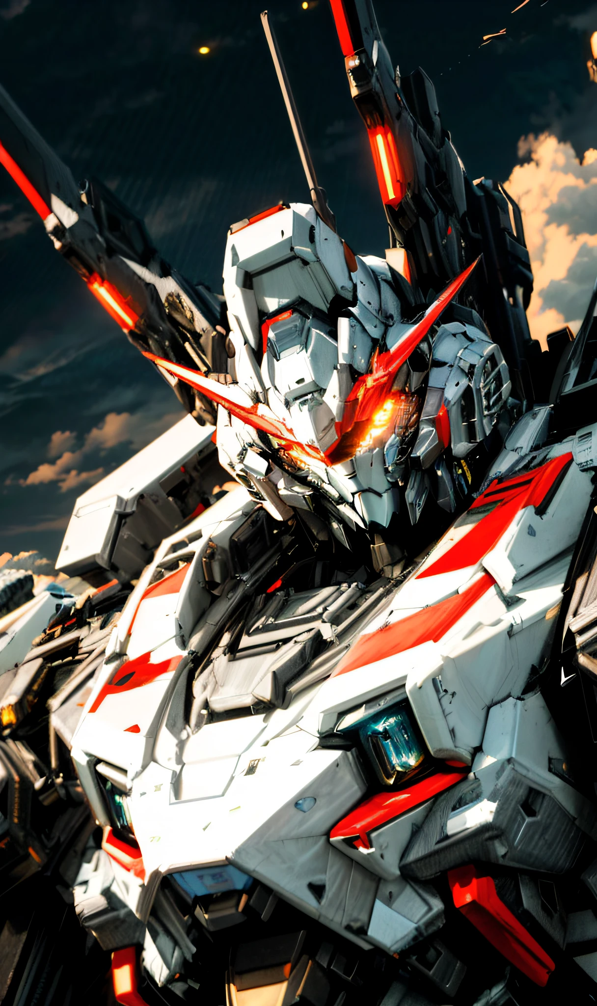 masterpiece, best quality, sky, clouds, holding_weapon, glow, robot, building, glowing_eyes, mecha, science_fiction, city, reality, mecha, red, full body, looking into the distance, high resolution, super detailed, realistic textures, bold textures, crazy textures, face close-ups