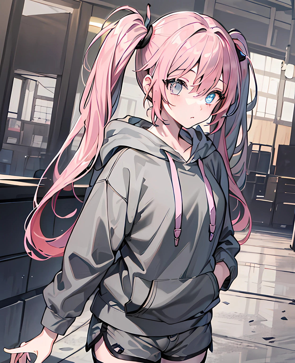 (Top Quality, Masterpiece), ((((1 girl))))), (Female-centered), ((Twin Tails)), (Pink hair)) (((Colorful hoodie)), Standing, Simple Background, ((((Gray Shorts)))), (((Beautiful Eyes))