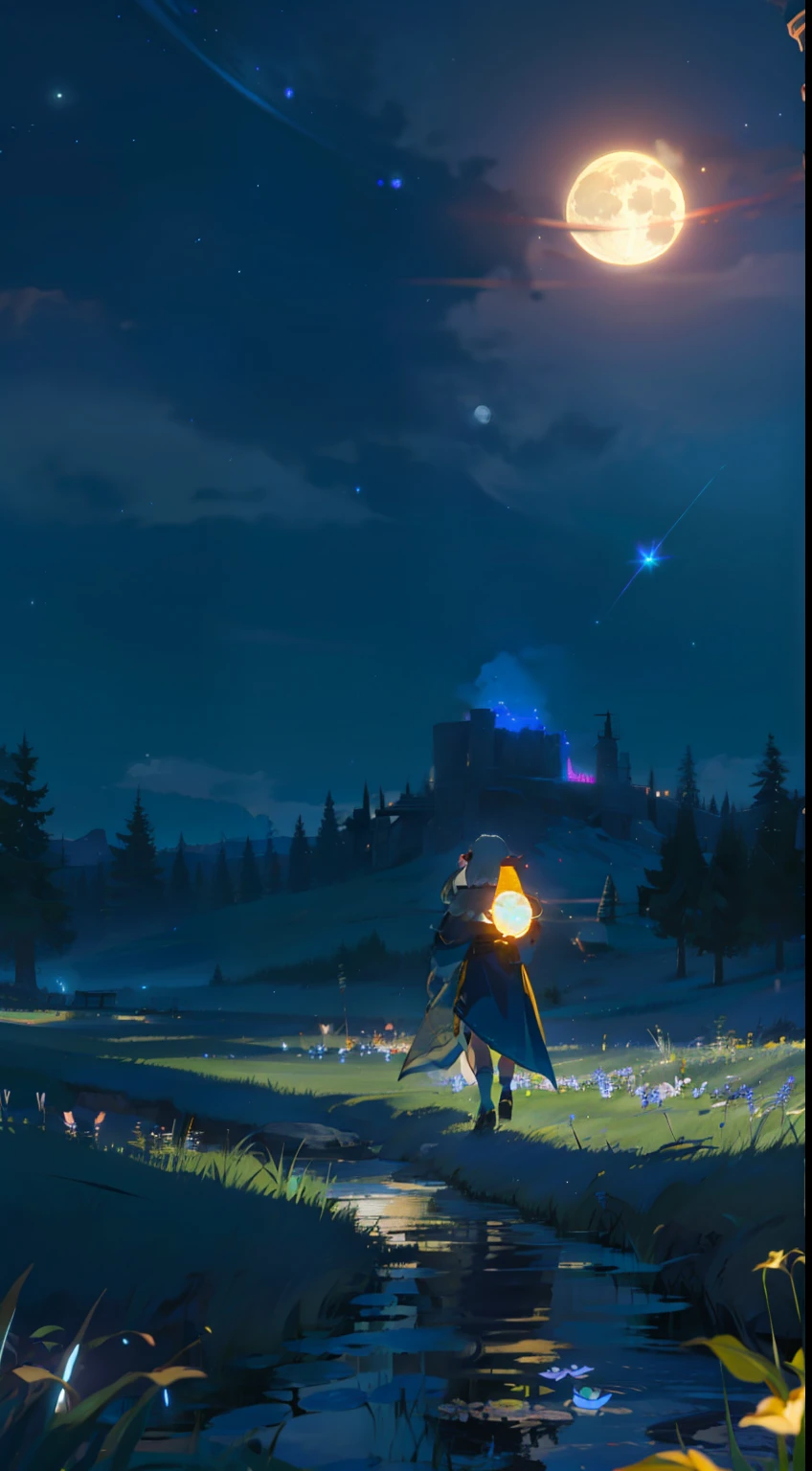 Spacious Landscape , (Looking Up and Down), Girl Standing in Flower Garden Looking Up, (Full Moon:1.2), ( Shooting Star:0.9), (Nebula:1.3), Starry Sky, White Flower Field, Shining Flower Field, Fantastic Flower Field, Trees , (Warm Light Source:1.2), (Firefly:1.2), Lamp, Orange and Blue mostly fine details, (Masterpiece:1.2), (Top Quality), 4k, Ultra Fine Detail, (Dynamic Composition:1.4), (Masterpiece: 1.2), (Top Quality), Lamp, Orange and Blue mostly fine details Voluminous Lighting BREAK (Masterpiece:1. 2), (Top Quality), 4k, Ultra-Detailed, (Dynamic Composition:1.4), Very Fine Detail, Colorful Detail, ( Iridescent:1.2), (Luminous Lighting, Ambient Lighting), Dreamlike, Fantastic, (Solo:1.2) Glitter, sparkle, petals dancing, dancing light, white hair, beautiful hair, long hair, cat ears, back view, water effect, soap bubbles, pose, large lace sleeve