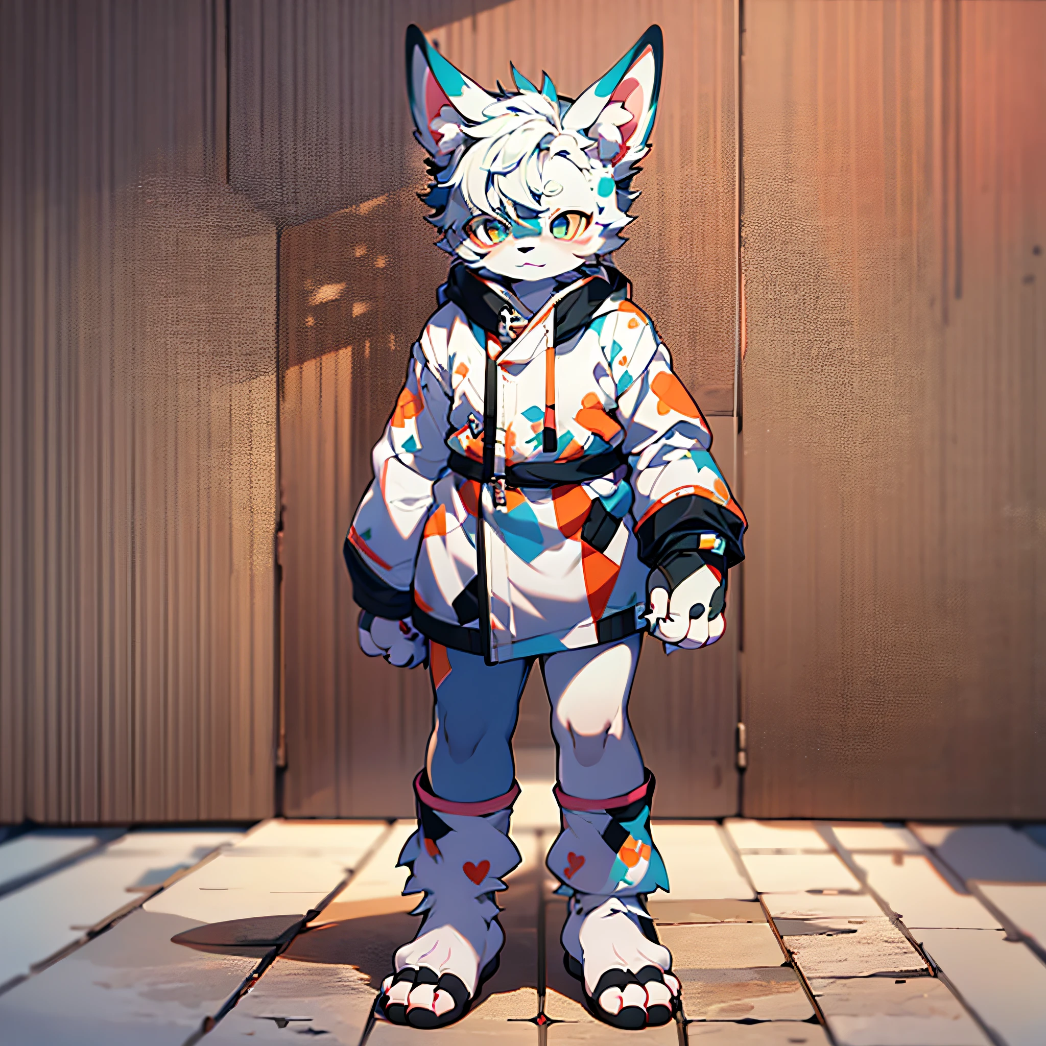 Furry Dogs Forelimb Hands Hindlimbs Legs and Feet Standing Shota Overall White Head, Arms, Body and Legs with Blue-Black Pattern All Over Body with Pink Meat Pads Eyes Blue Furry No Clothing Two Ears Kawaii Cute