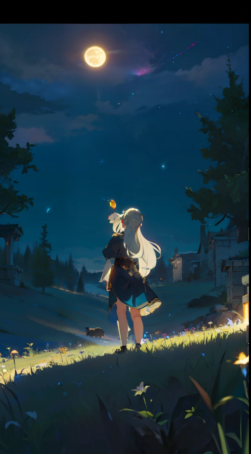 Spacious Landscape , (Looking Up and Down), Girl Standing in Flower Garden Looking Up, (Full Moon:1.2), ( Shooting Star:0.9), (Nebula:1.3), Starry Sky, White Flower Field, Shining Flower Field, Fantastic Flower Field, Trees , (Warm Light Source:1.2), (Firefly:1.2), Lamp, Orange and Blue mostly fine details, (Masterpiece:1.2), (Top Quality), 4k, Ultra Fine Detail, (Dynamic Composition:1.4), (Masterpiece: 1.2), (Top Quality), Lamp, Orange and Blue mostly fine details Voluminous Lighting BREAK (Masterpiece:1. 2), (Top Quality), 4k, Ultra-Detailed, (Dynamic Composition:1.4), Very Fine Detail, Colorful Detail, ( Iridescent:1.2), (Luminous Lighting, Ambient Lighting), Dreamlike, Fantastic, (Solo:1.2) Glitter, sparkle, petals dancing, dancing light, white hair, beautiful hair, long hair, cat ears, back view, water effect, soap bubbles, pose, large lace sleeve