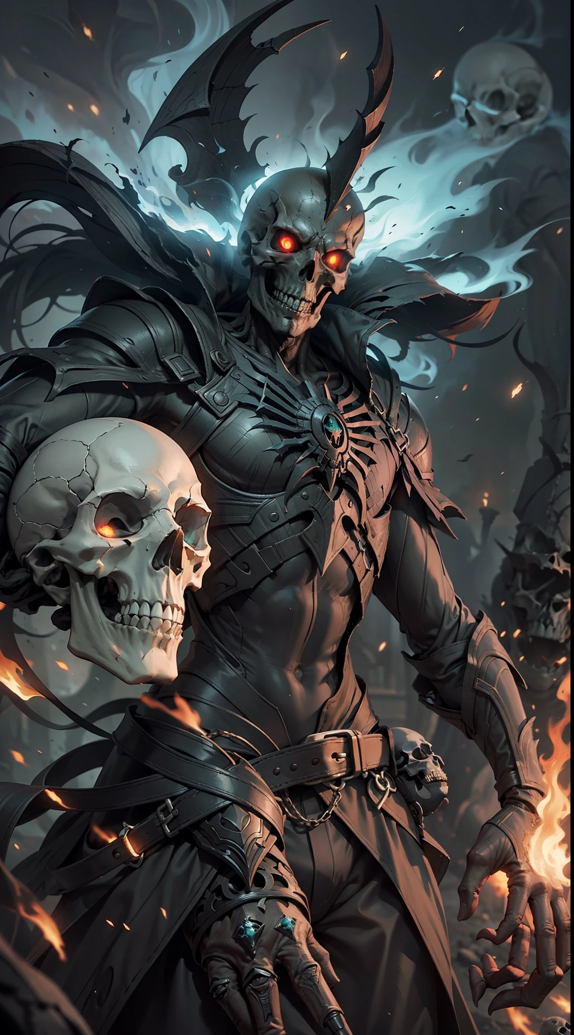 (very detailed wallpaper 8k), man, mid-shot terrifying necromancer, skull, burning eyes, ominous shadows, green smoke, intricate, high detail, dramatic