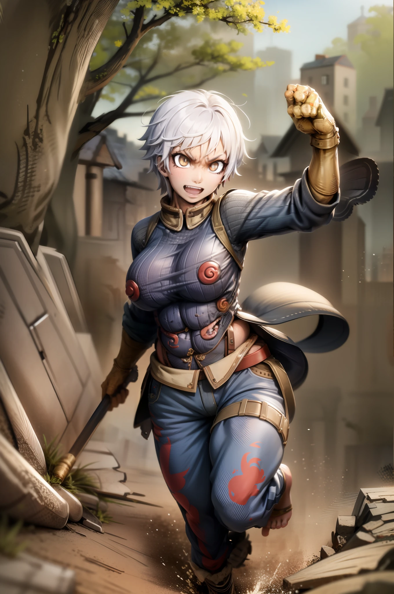 ((masterpiece, best quality)),(complex light),solo,solo focus,1girl,asura, white hair, bright eyes, furious, golden arms, simple background, jump, punch, destroyed debris background,tomboy, happy, smile, short hair, alone,portrait, walking, big breast, full body, walking, smile, happy, coat, pole-shirt, village, forest, europe, medieval village