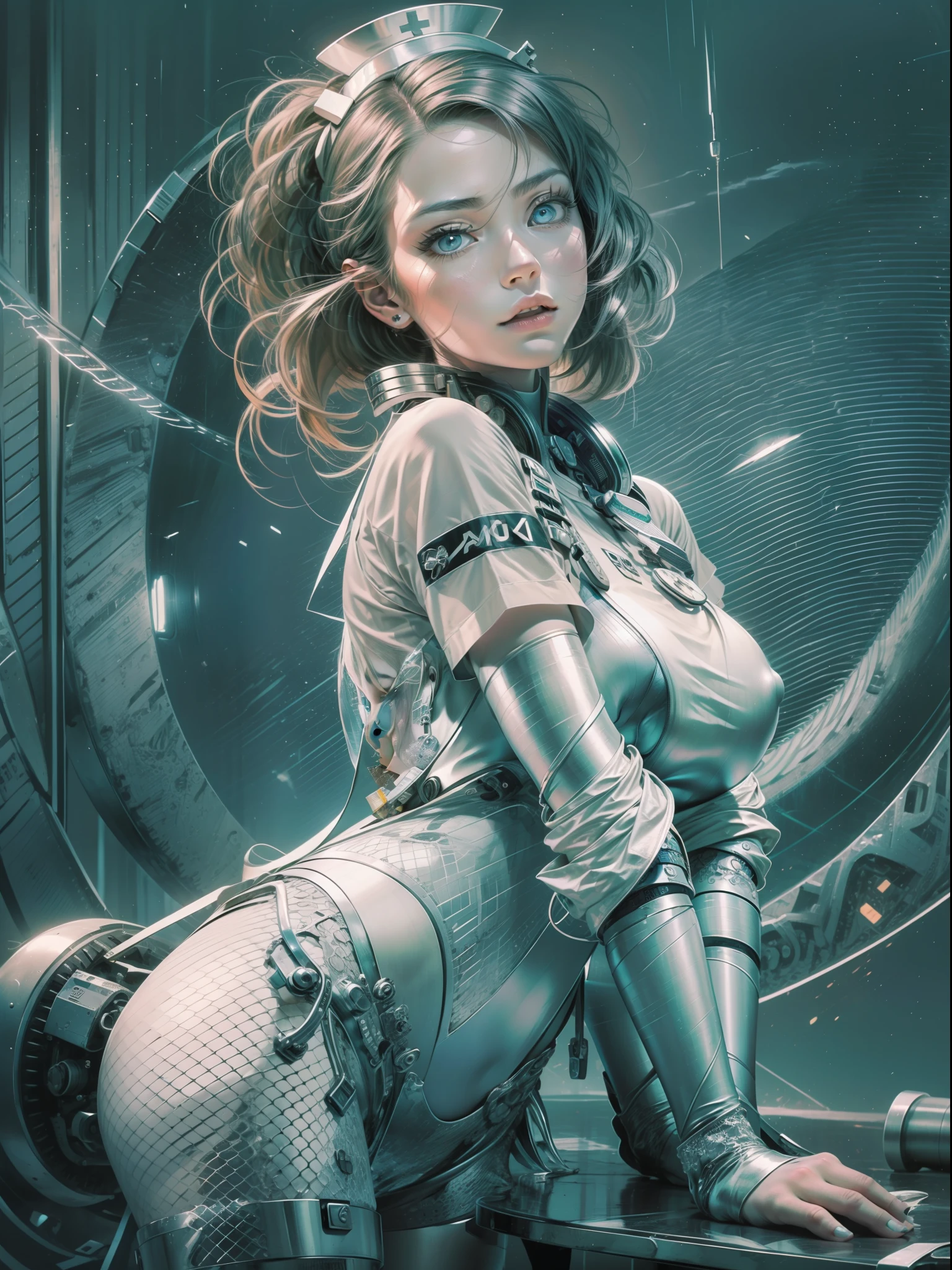Master works, best picture quality, higher quality, high detail, ultra-high resolution, single, female, delicate facial features, perfect face, glowing skin, nurse, nurse outfit (ja: elegant lace or fine details), (camera: low angle), (character: 1 girl), (ja: blue eyes), (ja: white skin), (ja: shiny hair), (embedded: care tools), (ja: transparency), calm atmosphere), bust