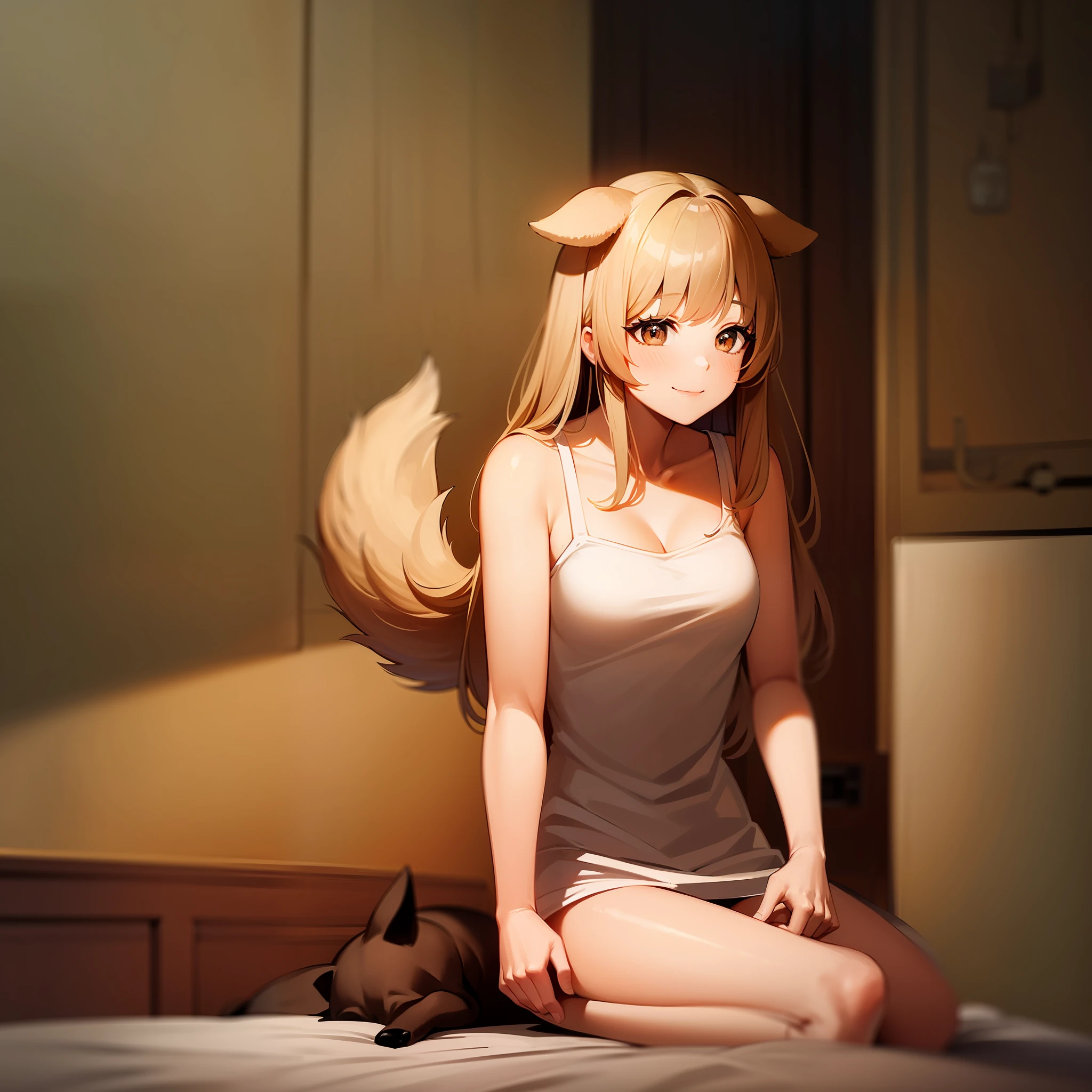 Masterpiece, Best Quality, Super Fine, Best Illustration: 1.3), 1girl, beige hair, dog ears, tail, room, smile