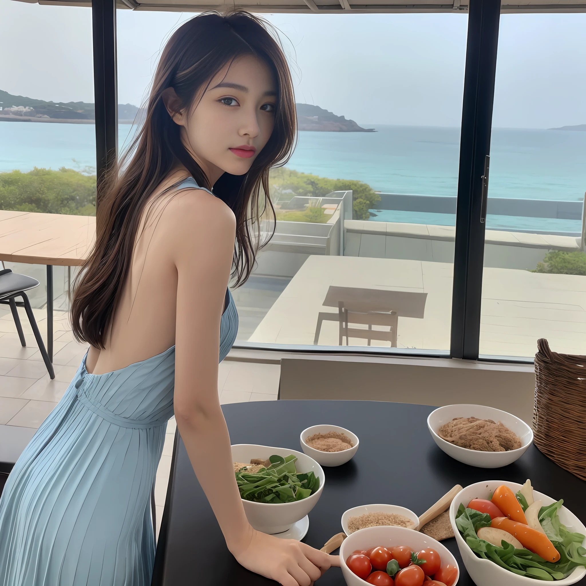 Subject is one woman, (Top Quality, 8K, Masterpiece: 1.3)), Focus: 1.2, Perfect Body Beauty: 1.4, Upper Body: 1.2, ((Layered Haircut, Chest: 1.2)), (Fashionable Clothes, 1.1), (Cafe, Sea View, : 1.3), Bando Dress: 1.1, Highly detailed face and skin texture, delicate eyes, double eyelids, whitened skin, long hair, back figure, vegetables, vegetables on the table, beautiful sea in the background, depiction of woman from behind