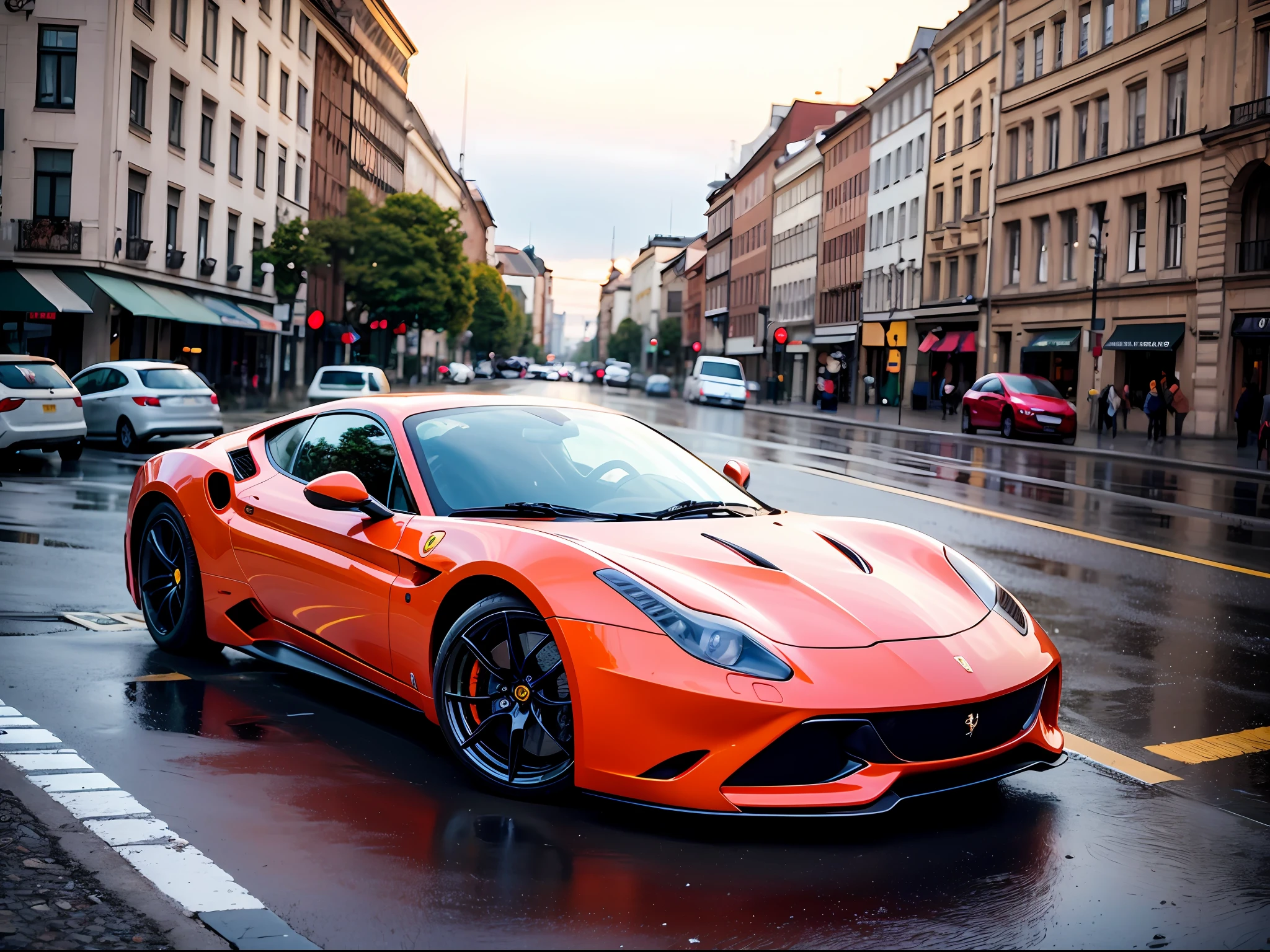 A realistic illustration of a BFerrari Daytona SP3 in Berlin, Germany. Noon time and Rainy weather. Ultra detailed, 8K, HDR, Octane Render, Redshift, Unreal Engine 5. Professionally color graded, atmosphere, amazing depth, rich colors, powerful imagery, psychedelic overtones, 4K, 8K.