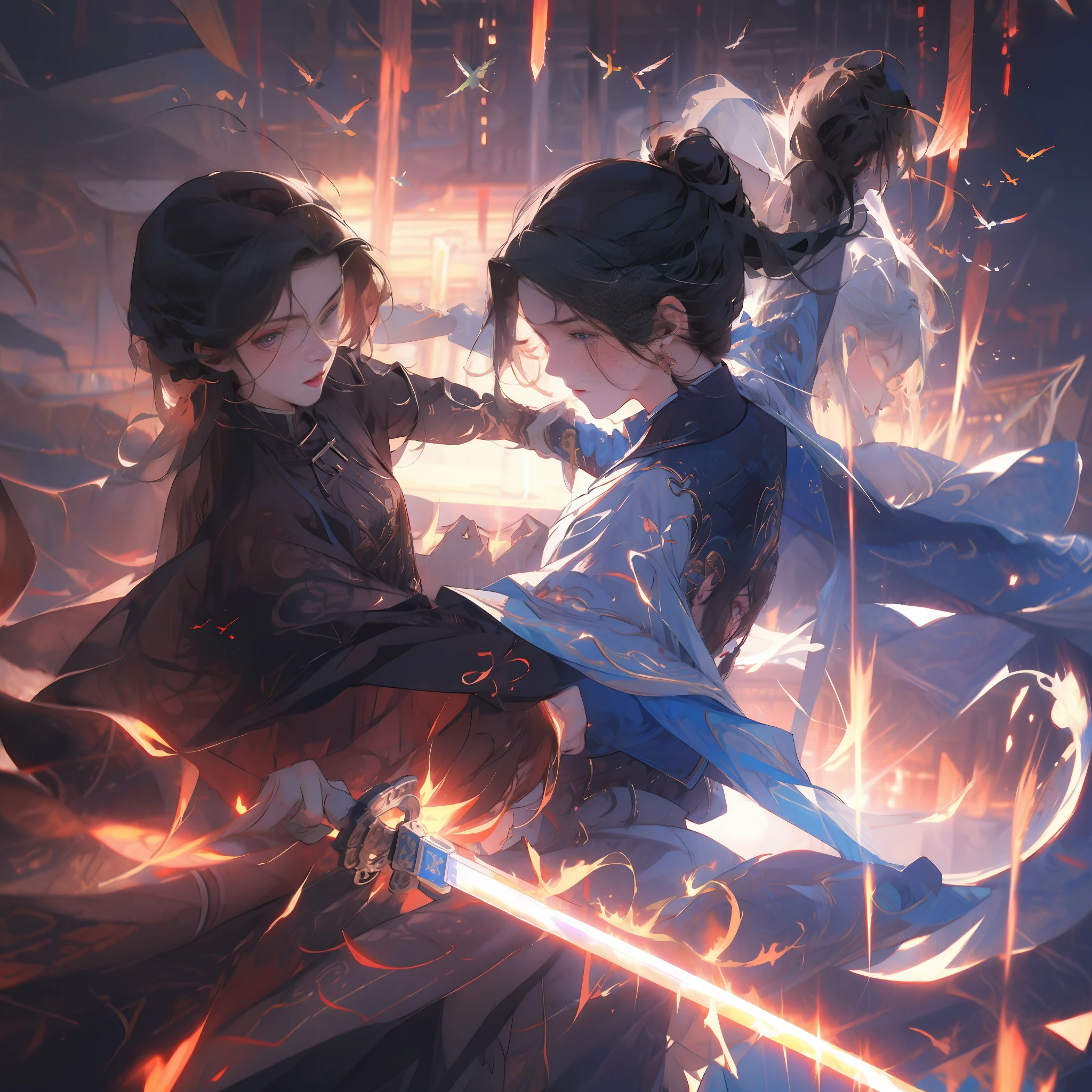 Best Quality, Masterpiece, Ultra High Resolution, 4K Wallpaper, Two Girls with Swords, 2 Girls, Big Shot, 2 People Fighting in Passion,