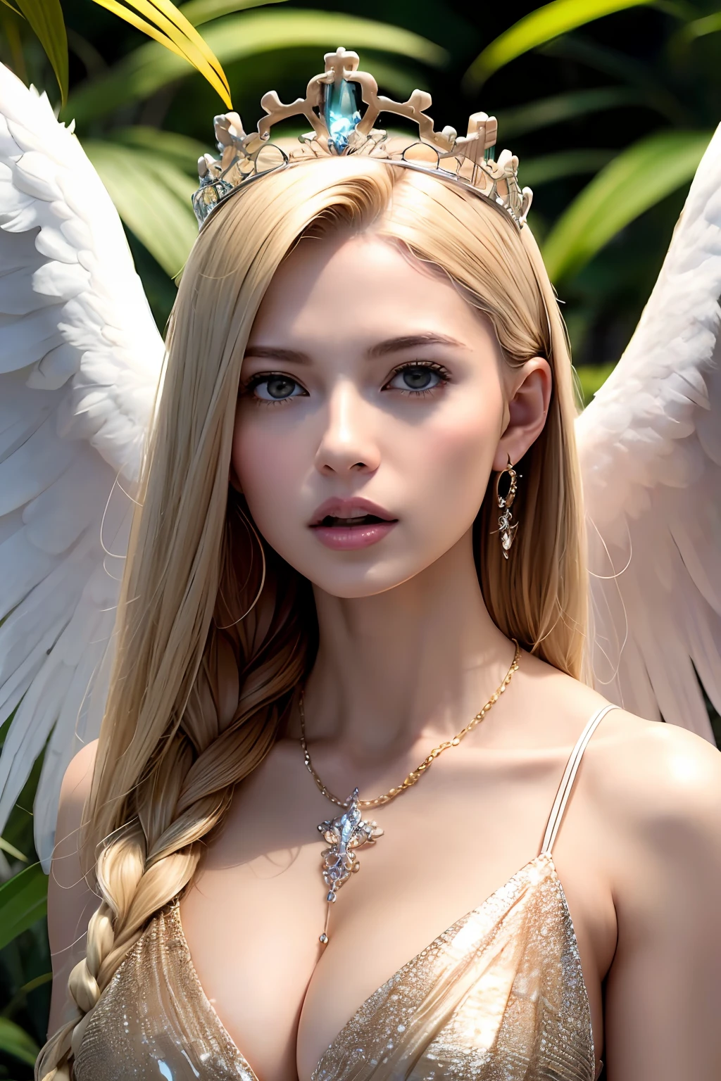 Ultra-detailed complex 3D rendering of the face, (Colossal: 8.8), (masterpiece, top quality, octane rendering, 8K), glamour shot full body image, cleavage, (highly detailed skin: 1.2), (exposure: 1.1), (blonde), (wearing a plummet tank top of gold silk: 1.5)), blonde hair, beautiful Caucasian woman with full soft breasts and white skin, one with big ass, long braided hair, big breasts, dynamic angle, mystical expression, ultra-realistic photography, (((((portrait))), bare feet, futuristic city background, facial muscles, detailed and beautiful queen tiara, in the style of Marvel Comics, clear focus, studio photography, intricate details, highly detailed, detailed yellow eyes, sharp focus, digital rendering, professional, abs, (((((sexy pose))), natural jungle, open mouth lightly, mansuji, crotch open, seductive look, angel ring, detailed angel wings, angel ring, detailed and beautiful mouth, detailed jewelry necklace, perfect body beauty: 1.4, glowing light particles,