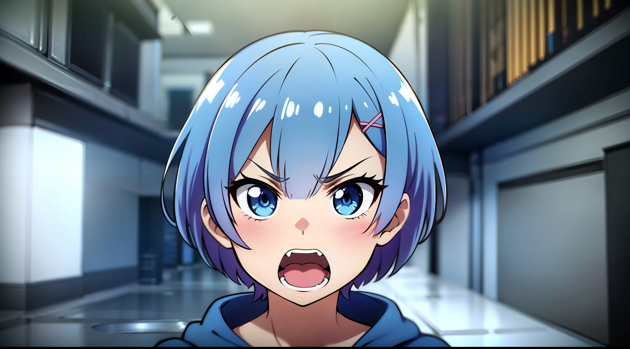 Masterpiece, rem rezero, short hair, blue eyes, angry face, screaming, blue hoodie, middle of the street, close up, portrait,