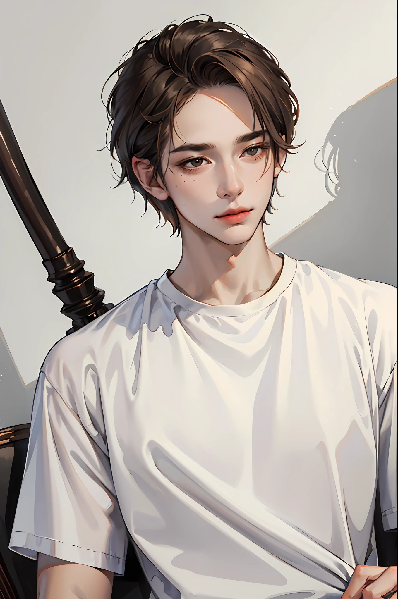 (Adult man) (Masterpiece: 1.2, highest quality), (highly detailed face, realistic photos, realistic skin, intricate details), Solo, casual, black disheveled short hair, muscular man, thick and dignified eyebrows, large curved eyebrows, big eyes, black eyes, chiseled features, large nose, wide forehead, (brown skin), tear bags, long lashes, white shirt, (watercolor, painting, hand-drawn lines)