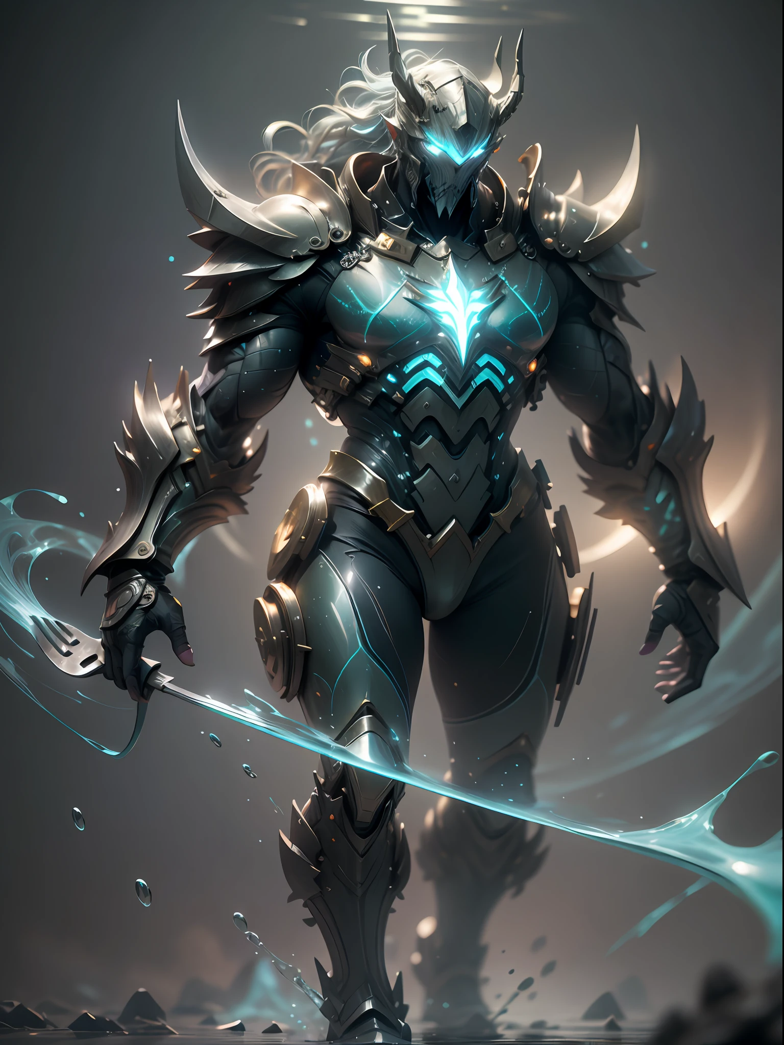 Has Aquaman fork ghost ocean warrior, super cool ghost ocean warrior, has huge fork, sea god, purple fork, fork, wearing purple mechanical armor, water flow flying column, swing fork pose, imposing walking, positive perspective, perfect body proportions, tall figure, tall height, full body photo, super detail, looking up view, IP by pop mart, edge light, avatar, octane rendering, blender, full body, clean black background, 3d, c4d, best quality, very detailed, Ancient Technology, HDR (High Dynamic Range), Ray Tracing, NVIDIA RTX, Super Resolution, Unreal 5, Subsurface Scattering, PBR Texture, Post Processing, Anisotropic Filtering, Depth of Field, Maximum Clarity and Acutance, Multilayer Textures, Albedo and Highlight Maps, Surface Shading, Accurate Simulation of Light-Material Interactions, Perfect Proportions, Octane Rendering, Two-tone Lighting, Low ISO, White Balance, Rule of Thirds, Wide Aperture, 8K RAW, High Efficiency Sub-Pixel, Subpixel Convolution, Glowing Particles, Light scattering, Tyndall effect