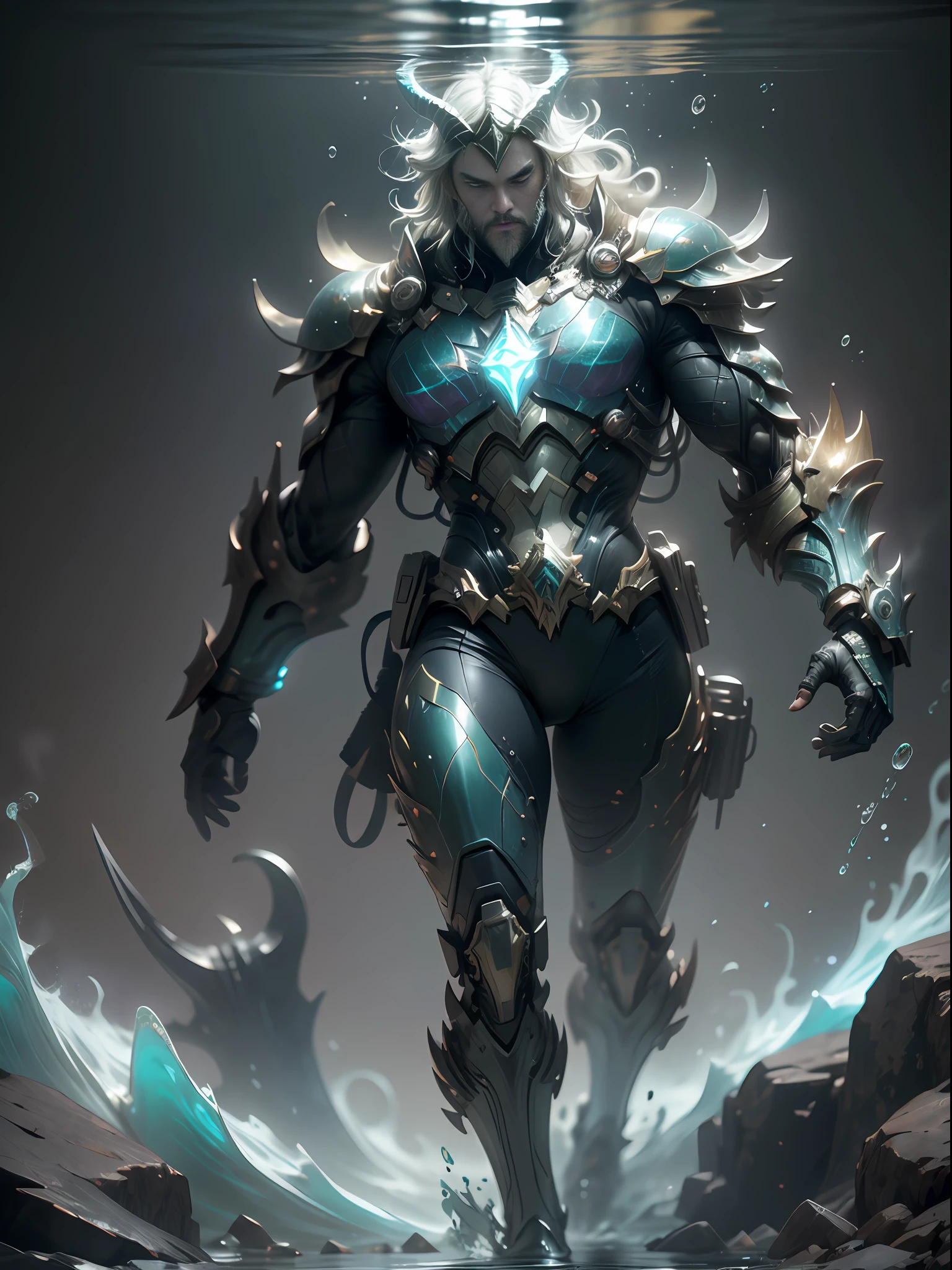 Has Aquaman fork ghost ocean warrior, super cool ghost ocean warrior, has huge fork, sea god, purple fork, fork, wearing purple mechanical armor, water flow flying column, swing fork pose, imposing walking, positive perspective, perfect body proportions, tall figure, tall height, full body photo, super detail, looking up view, IP by pop mart, edge light, avatar, octane rendering, blender, full body, clean black background, 3d, c4d, best quality, very detailed, Ancient Technology, HDR (High Dynamic Range), Ray Tracing, NVIDIA RTX, Super Resolution, Unreal 5, Subsurface Scattering, PBR Texture, Post Processing, Anisotropic Filtering, Depth of Field, Maximum Clarity and Acutance, Multilayer Textures, Albedo and Highlight Maps, Surface Shading, Accurate Simulation of Light-Material Interactions, Perfect Proportions, Octane Rendering, Two-tone Lighting, Low ISO, White Balance, Rule of Thirds, Wide Aperture, 8K RAW, High Efficiency Sub-Pixel, Subpixel Convolution, Glowing Particles, Light scattering, Tyndall effect
