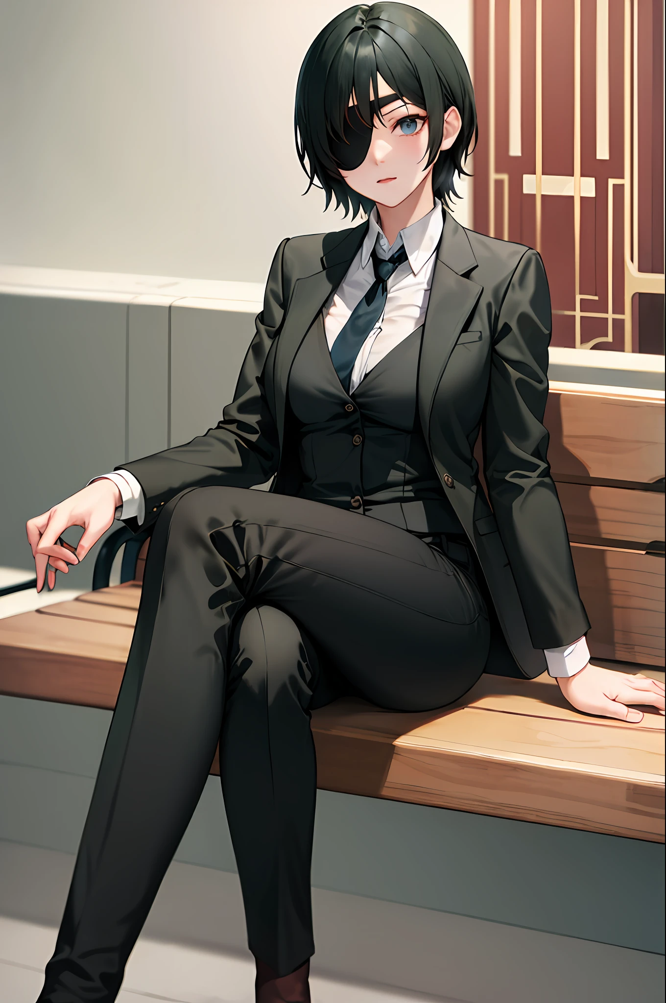 masterpiece, best quality, highres, hmn1, eyepatch, breasts, necktie, collared shirt, black jacket, black pants, bench, crossed legs, sitting