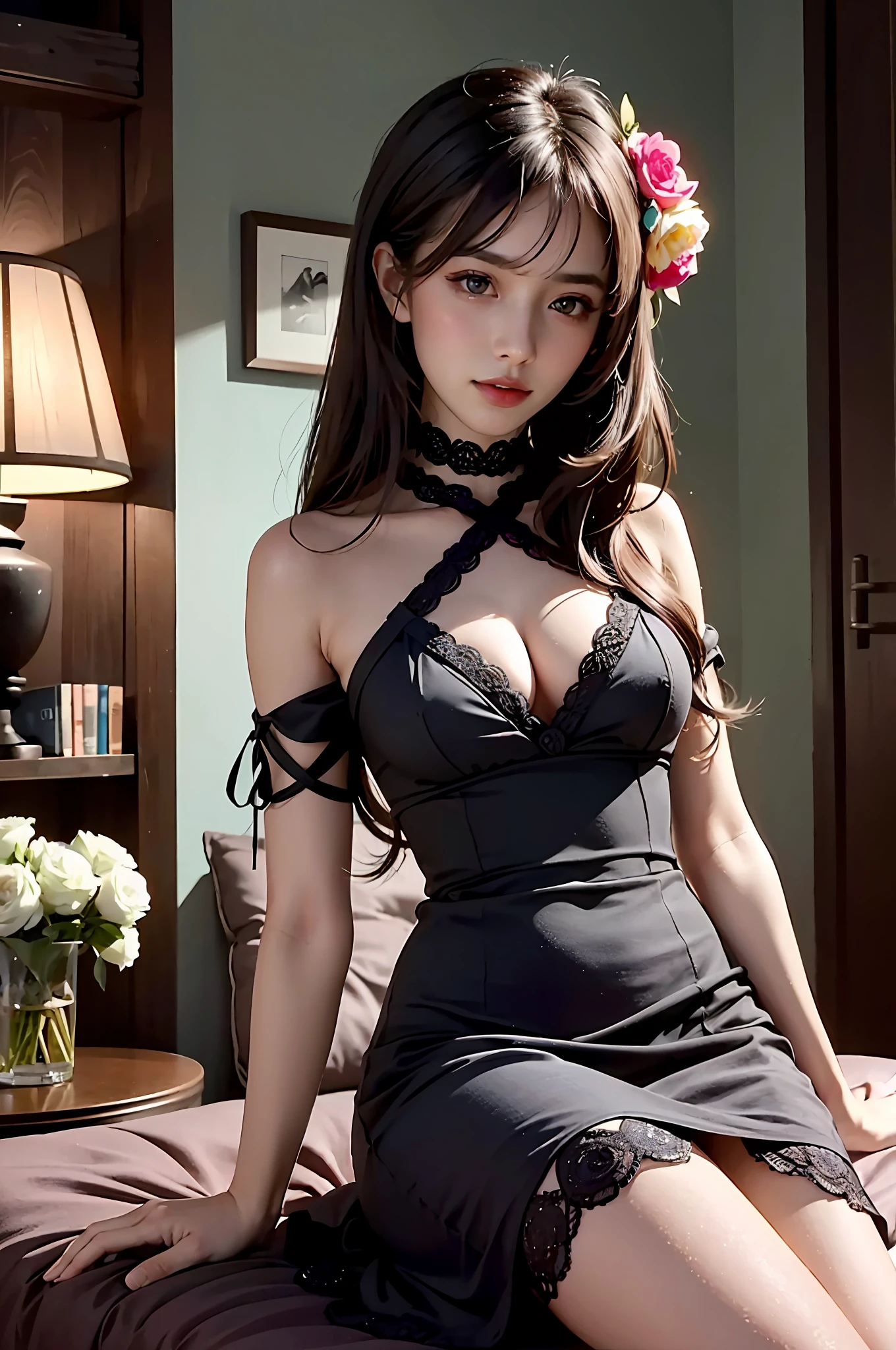 Beautiful woman, room, chilling, colorful, beautiful, intricate, comfy, detailed eyes,