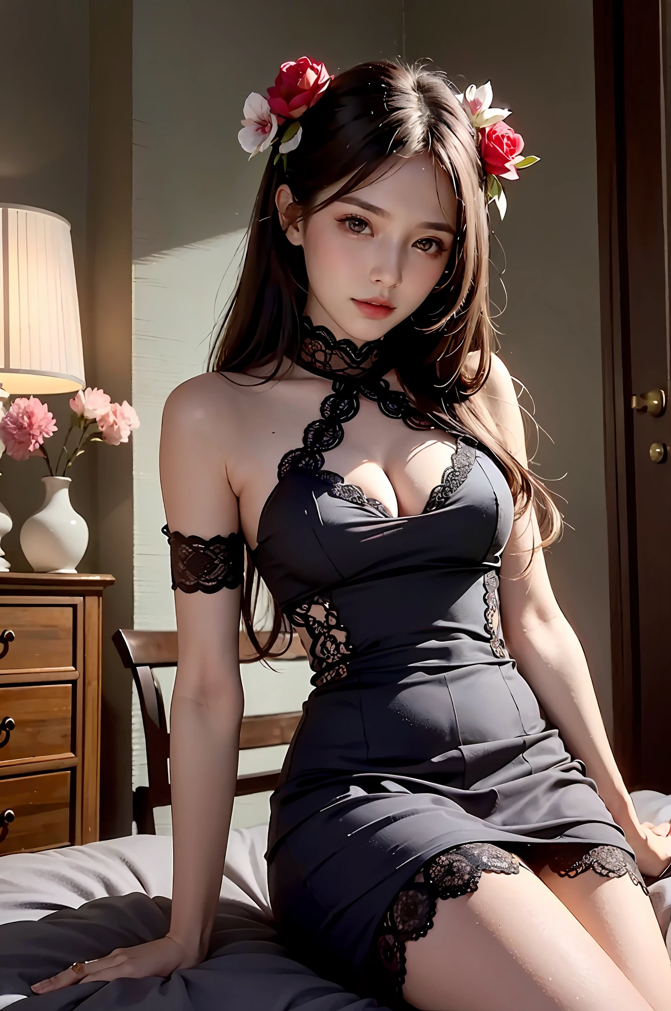 Beautiful woman, room, chilling, colorful, beautiful, intricate, comfy, detailed eyes,