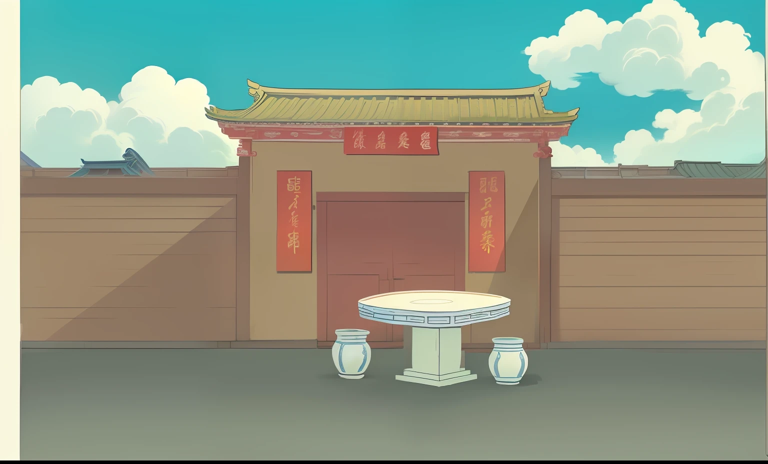 there is a cartoon picture of a table and two chairs, background depicting a temple, temple background, chinese building, a temple, restaurant in background, random background scene, chinese temple, japanese town, japanese cartoon style, anime set style, town background, zen temple background, with a chinese temple, residential area, chinese village, background is a slum, japanese neighborhood