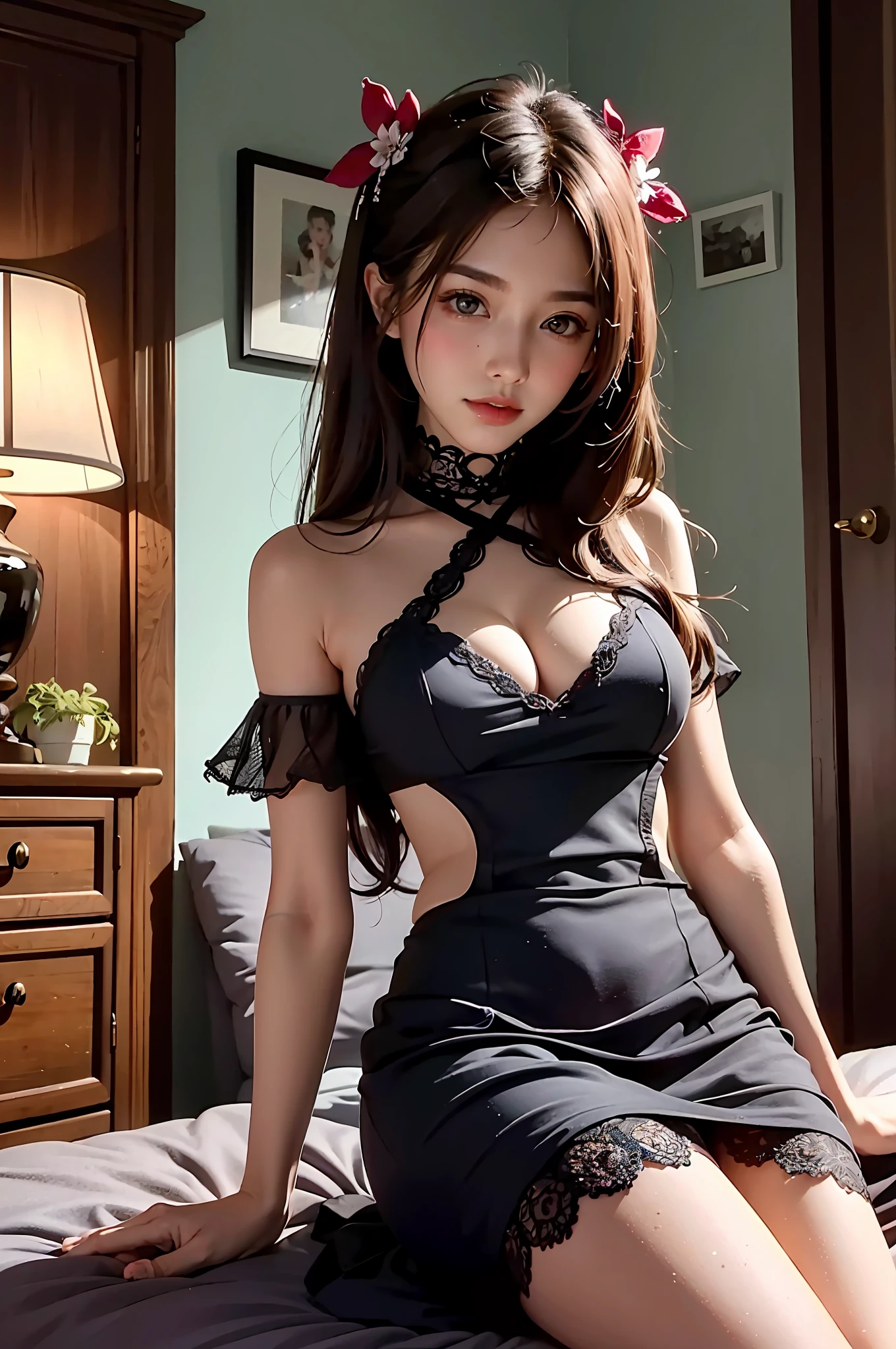 Beautiful woman, room, chilling, colorful, beautiful, intricate, comfy, detailed eyes,