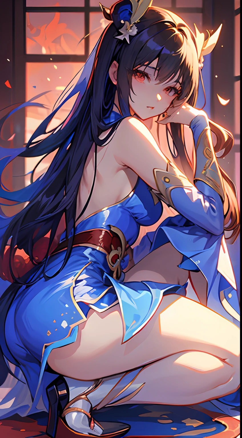anime girl in a blue dress sitting on a red rug, beautiful anime girl squatting, seductive anime girl, by Yang J, beautiful alluring anime woman, keqing from genshin impact, extremely detailed artgerm, long elegant tail behind, the anime girl is crouching, guweiz, japanese goddess, trending on cgstation