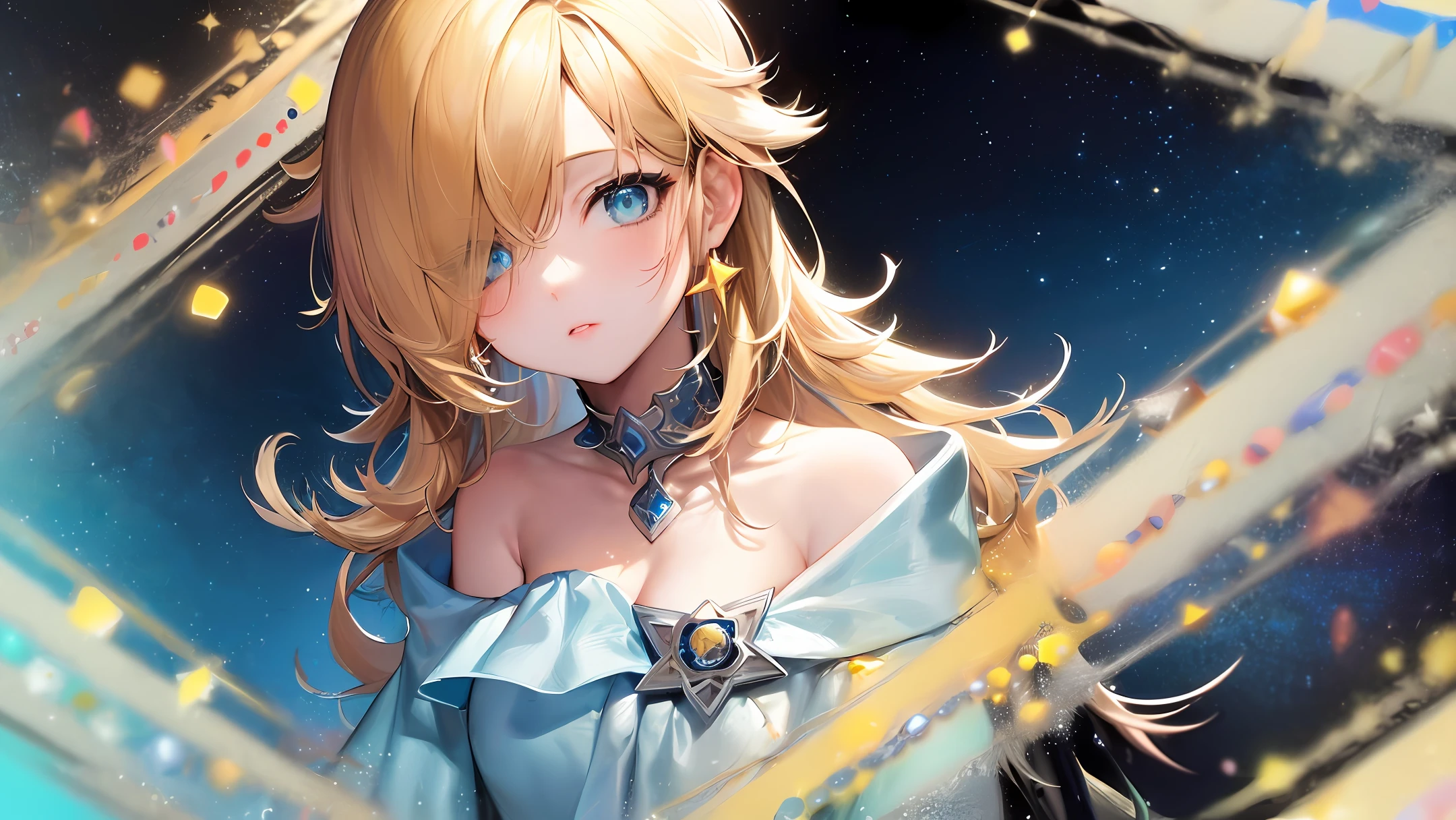 Her hair is turning into galactic clouds,:1.27628),(hair and clothes are galactic clouds and star clusters:1.1025),(cloak is turning into galactic clouds)((detailed starry sky with colorful galaxies and galactic clouds):1.2)):0.35], (((masterpiece))), ((best quality))), ((ultra-detailed)), (illustration), (dynamic angle), ((floating)), (paint), ((loose hair)), (beautiful detail face)), collar, bare shoulders, ((colored hair)), ((striped hair)), beautiful detailed eyes, (gradient eyes), (((colored eyes))), (colored background))), (high saturation))), ((surrounded by colored splashes))), ((surrounded by colored dots))), colored bubbles, ((shiny)), large eyes, white skin
