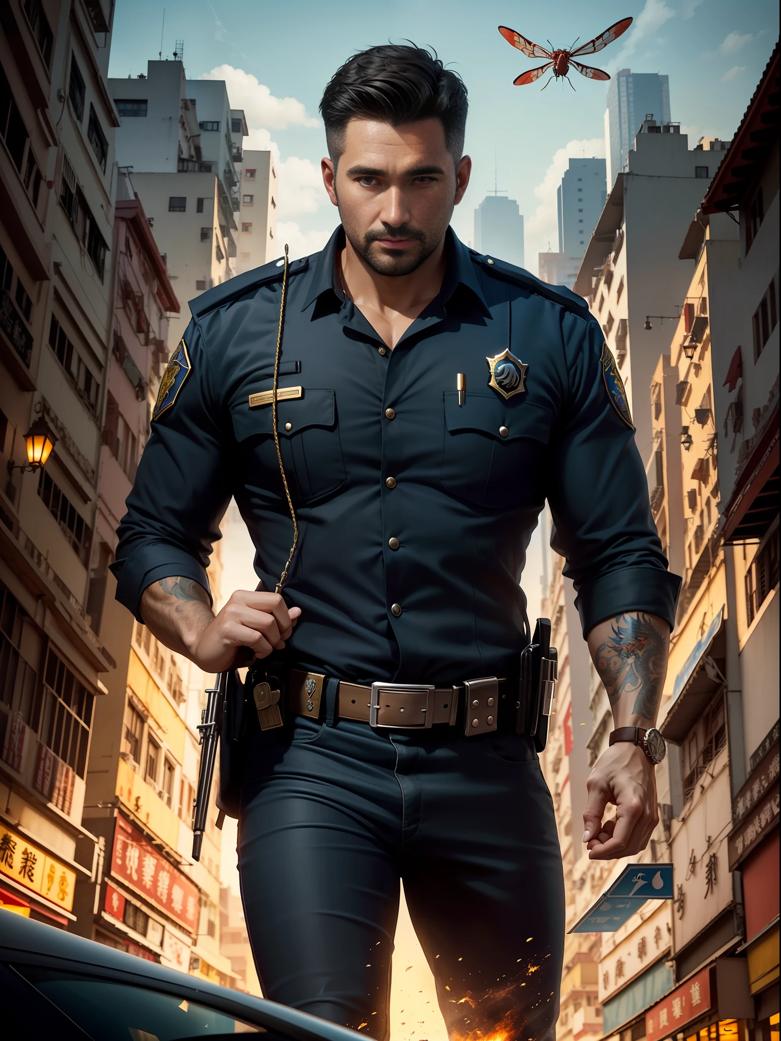 (There are many Magic the Gathering cards floating in the air around the police), and a red dragon flies over the city in the background. (Masterpiece) Extremely high-quality, ultra-detailed illustrations, ultra-high resolution, showing a handsome mature male 35 year old human hong kong policeman with muscular body, short hair and under-trimmed stubble, wearing a jacket, Surreal and charming.