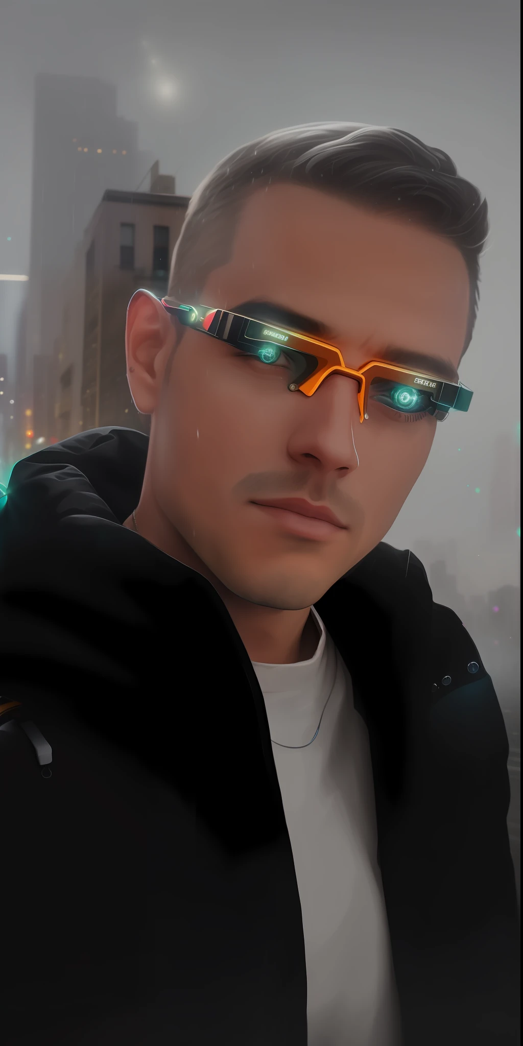 An award winning master piece photo of a cyborg man with psychedelic colors standing in a city street at night in the rain, wearing neon-colored glowing goggles, 8k, (high quality:1.1), (cinematic feeling:1.1), dark deep shadows, incredibly intricate detailing, art , (up close:1.1), from above, looking at viewer, (light sparkles:1.1), (chromatic aberration,:1.2) background with floating light artifacts