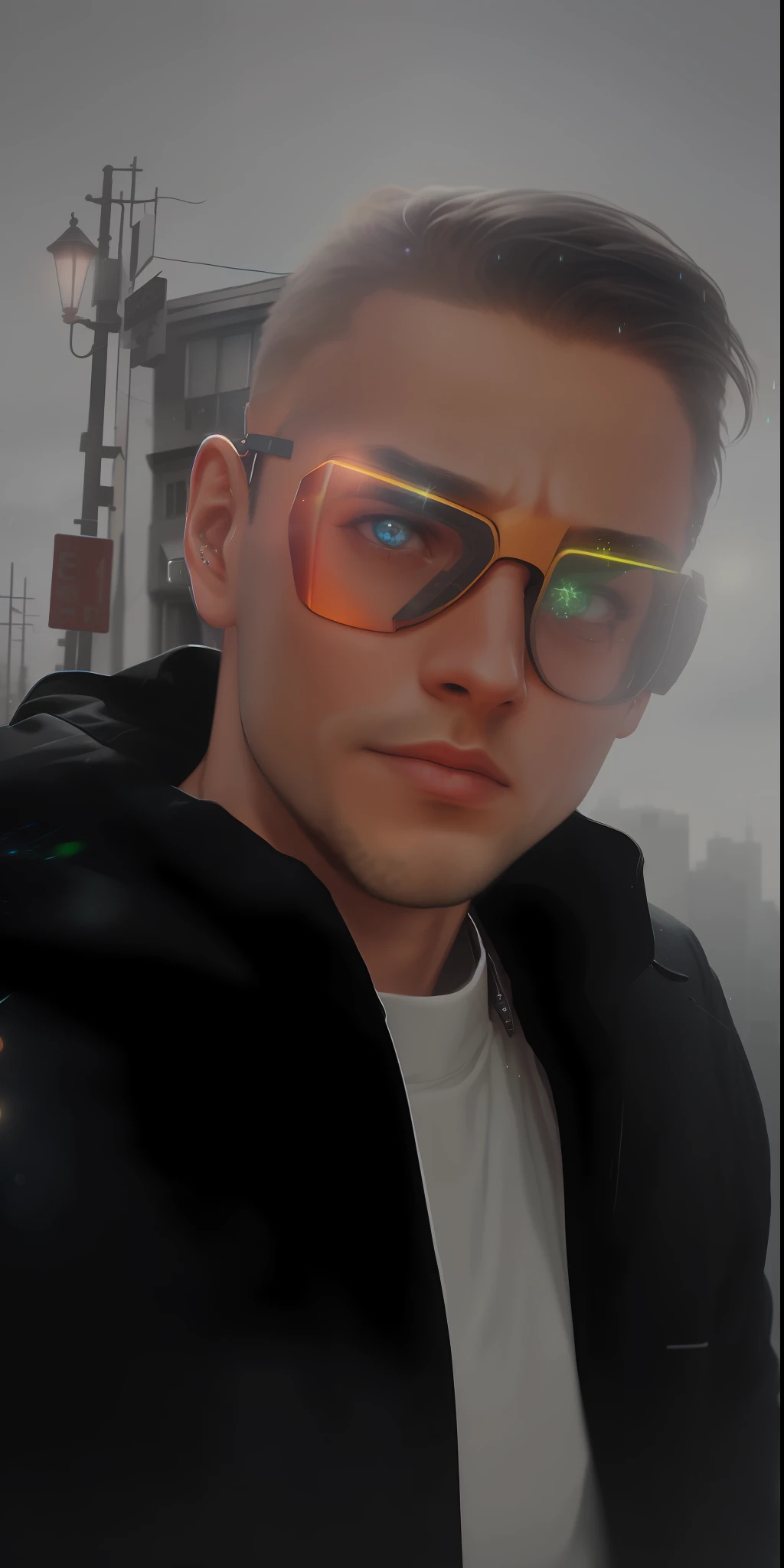 An award winning master piece photo of a cyborg man with psychedelic colors standing in a city street at night in the rain, wearing neon-colored glowing goggles, 8k, (high quality:1.1), (cinematic feeling:1.1), dark deep shadows, incredibly intricate detailing, art , (up close:1.1), from above, looking at viewer, (light sparkles:1.1), (chromatic aberration,:1.2) background with floating light artifacts