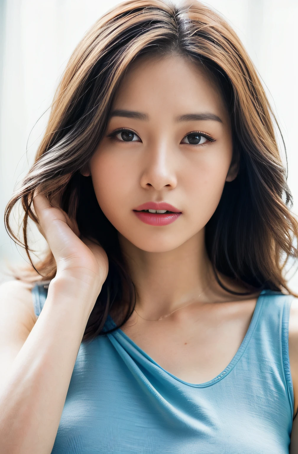 ( (8K:1.27), Best Quality, Masterpiece, Ultra High Resolution:1.2) Photo Beautiful Asian Woman (Sweat: 1.0)(Beauty: 1.1) (Blue Dress: 1.21) Gregg Rutkowski and Alphonse Mucha design intricate elegance, fantasy, detail, geometry, gradient lighting, 1girl, delicate skin, looking at the viewer, brown eyes, (short flaxen hair: 1.2), (medium breasts: 1.0), (Medium areola: 0.8), (Realistic: 1.4), (Best Quality: 1.0), (Ultra High Resolution: 1.0), (No Hands: 1.0), 8K, RAW Photo, (Masterpiece: 0.2), (pureerosface_v1: 0.5), Beautiful buttock line