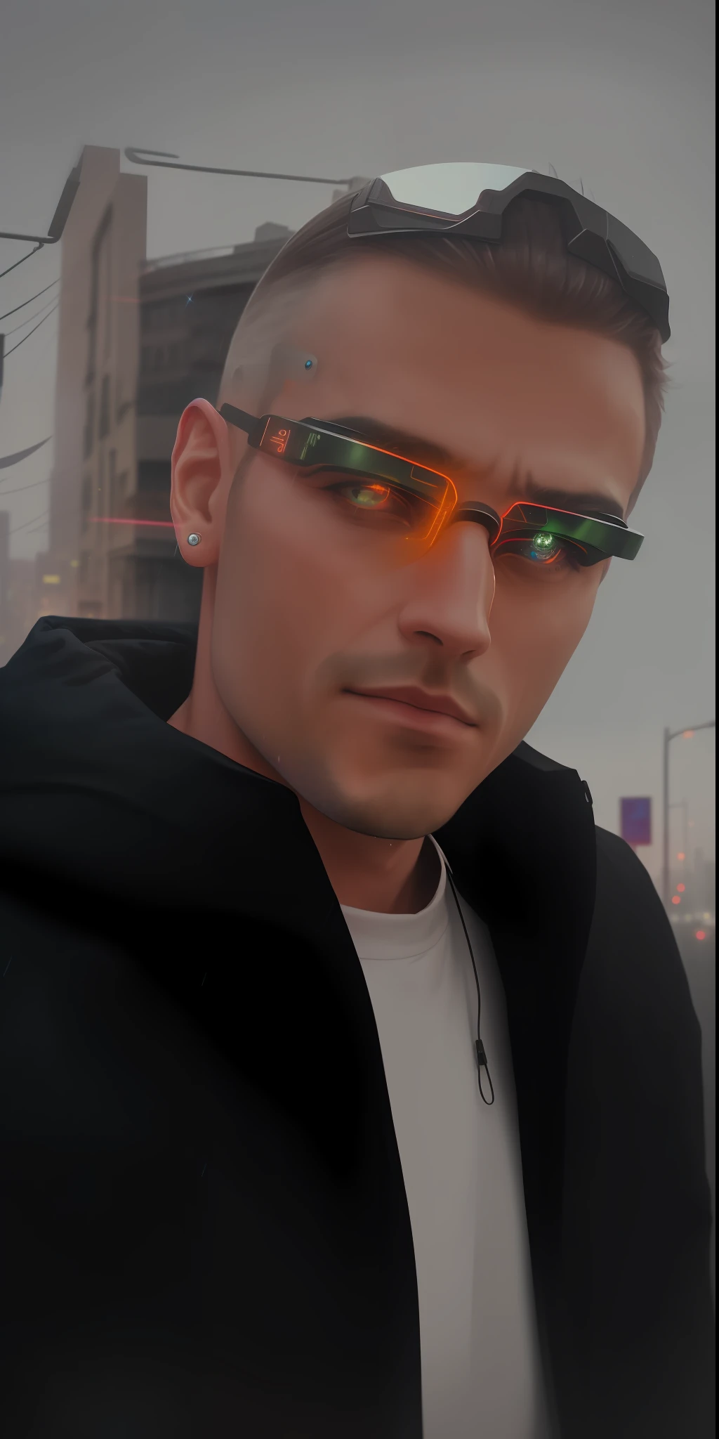 An award winning master piece photo of a cyborg man with psychedelic colors standing in a city street at night in the rain, wearing neon-colored glowing goggles, 8k, (high quality:1.1), (cinematic feeling:1.1), dark deep shadows, incredibly intricate detailing, art , (up close:1.1), from above, looking at viewer, (light sparkles:1.1), (chromatic aberration,:1.2) background with floating light artifacts