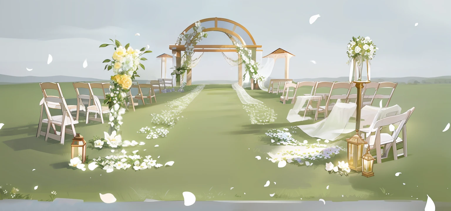 there is a wedding ceremony set up in a field with flowers, airy colors, midsommar color theme, romantic greenery, light greens and whites, realistic scene, ethereal and dreamy theme, a hyper realistic, detailed scene, rustic, heavenly color scheme, dreamy light color palette, pale greens and whites, floral painted backdrop, airy theme, green and warm theme