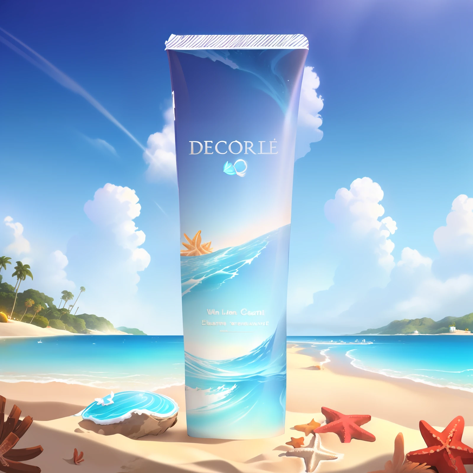 A white facial cleanser with background is beach scene with palm trees and starfish, beach background, mobile game background, seaside background, island background, background artwork, background art, anime background art, amazing wallpaper, sunny day background, breeze background, beach sunny day, beautiful wallpaper, amazing background, anime background, tropical beach paradise, iphone background, beach landscape