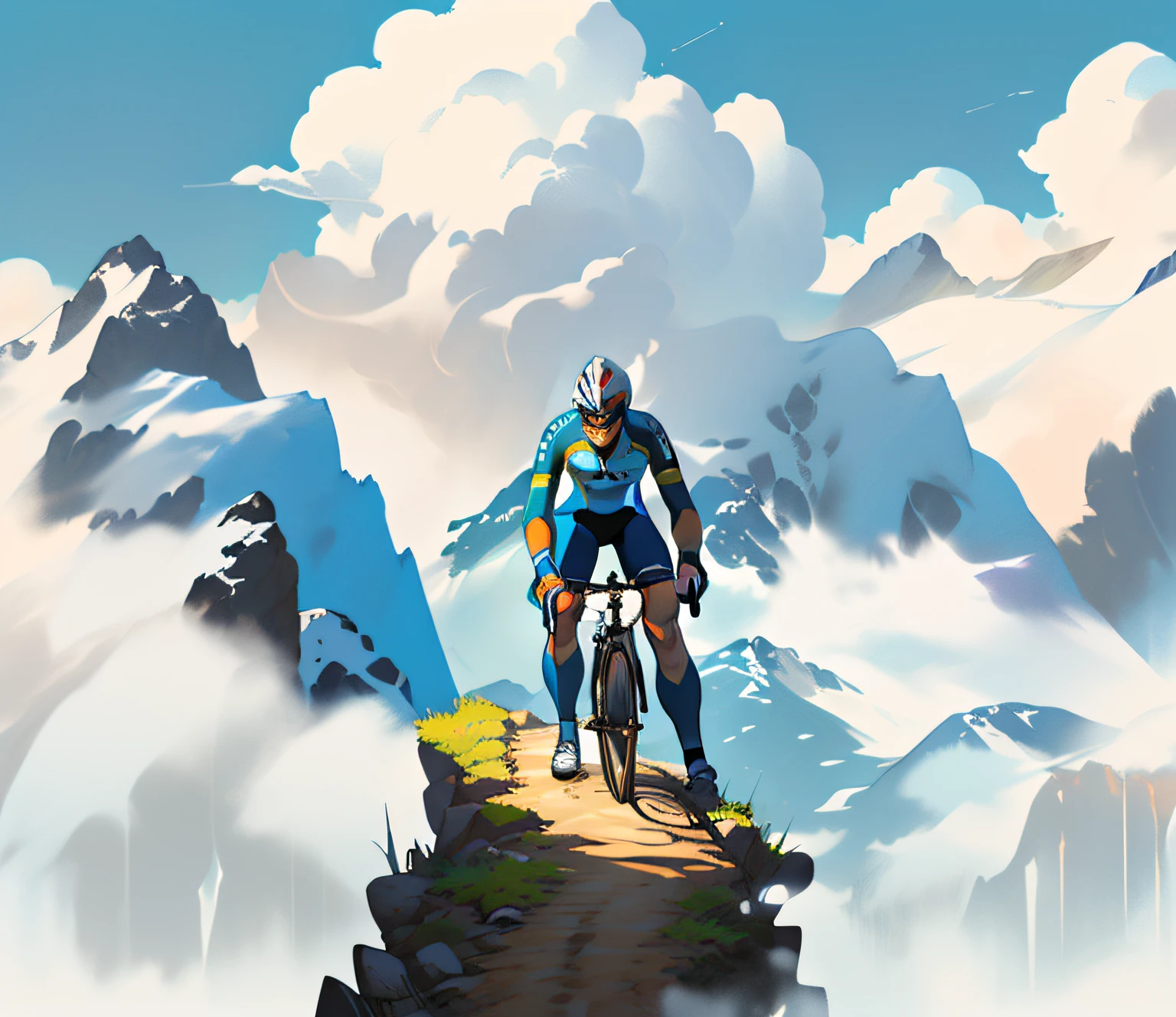 There is a man riding a bike in the mountains, sky in background, bicycle, winning illustration, cycling costume, victory on the mountain, riding in the sky, poster illustration, sky background, clouds, high mountain, bicycle, high speed riding, illustration 8K, 2D illustration, fan art, Yi Inmun, digital insert, exciting illustration, stylized digital illustration
