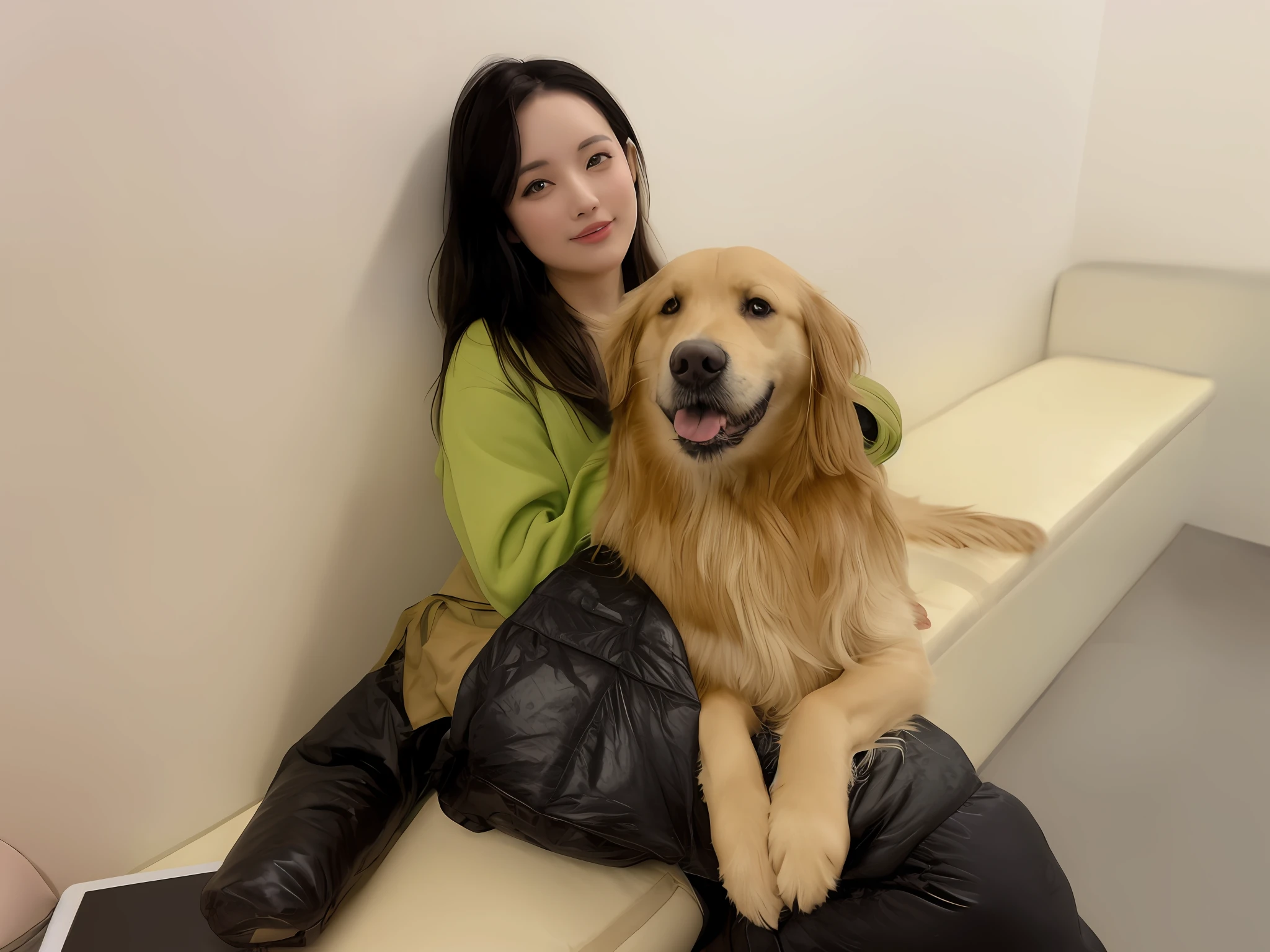 there is a woman sitting on a bench with a dog, the photo shows a large, with dogs, taken with sony alpha 9, wholesome, aww, sitting on the couch, by Emma Andijewska, pet animal, sitting on the sofa, taken with canon 8 0 d, gemma chen, she is about 1 6 , chiho, with long