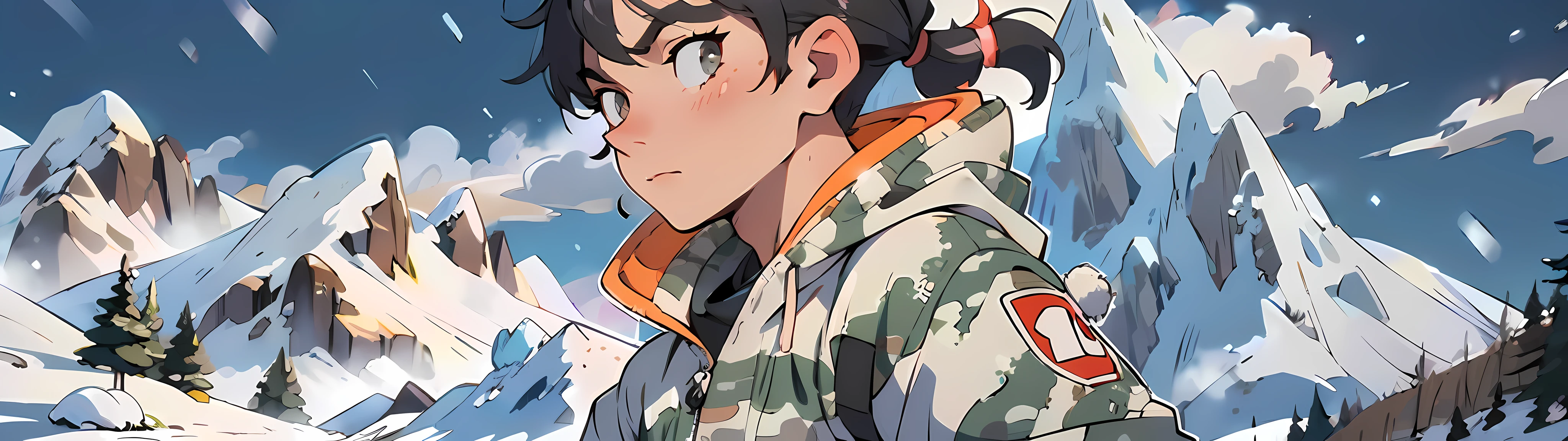 "(Ultra High Quality), (Ultra High Definition), (Superb Masterpiece), (Wearing Grey Camouflage Jumpsuits), (Men: 1.3), ((View) Snowy Mountain Top, Snowstorm), Bust Shot"