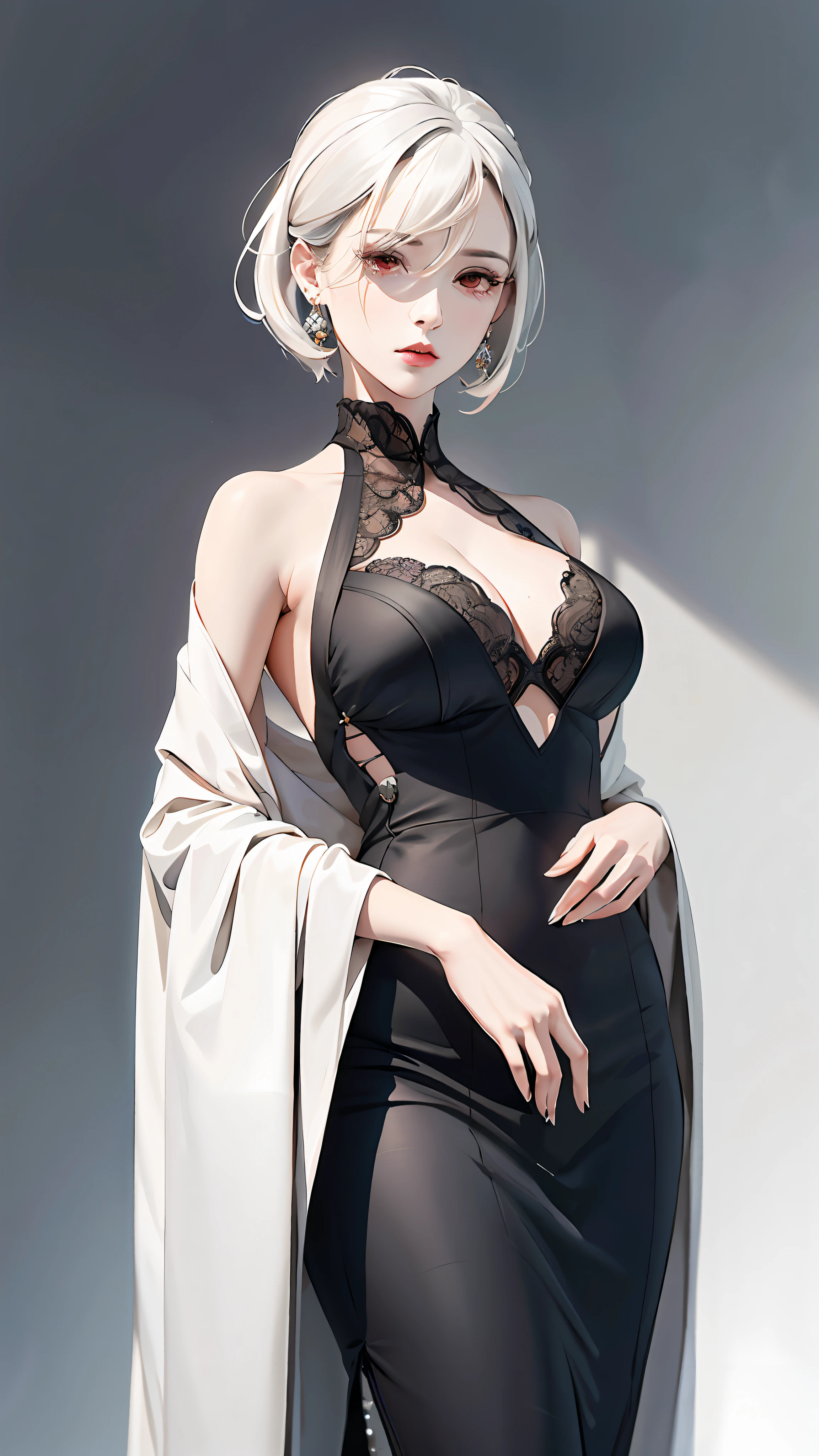 Masterpiece, Superb 1 Woman, Long Black Dress, Ink Painting, Mature Woman, Woman with Short Silver and White Hair, Hair Over Shoulder, Pale Pink Lips, Indifference, Seriousness, Bangs, Assassin, White Clothes, Facial Details, Correct Proportions, This painting was created in the Guweiz style and depicts an oil painting of a woman with short hair. The entire painting features a palette of white and black. The woman's face is very realistic female faces, which are loved by the audience. Presented in a meticulous drawing style. The women's white hair is like snow, the eyes seem to be full of watery red eyes, exuding a mysterious atmosphere, the women are dressed in elegant and exquisite clothing, and the whole painting shows a high degree of skill.