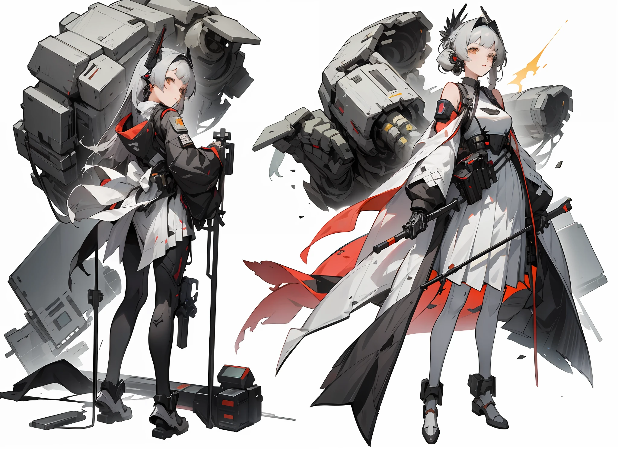 A full-body close-up of a lily wearing a lily element white dress pleated long skirt battle suit holding a long mechanical staff in both hands, (character design of the same character, side, back,), mechanical legs, high-grade off-white as the main color, Punishing: Gray Raven, from Ark Night, Guvitz, from Punishing: Gray Raven, Girl Frontline style, Girl Frontline universe, inspired by Leng Mei, Kusart Krenz key art feminization, 7.5 head body, mechanical prosthesis, celluloid coloring style, white background, weakened coloring effect, model-like body,