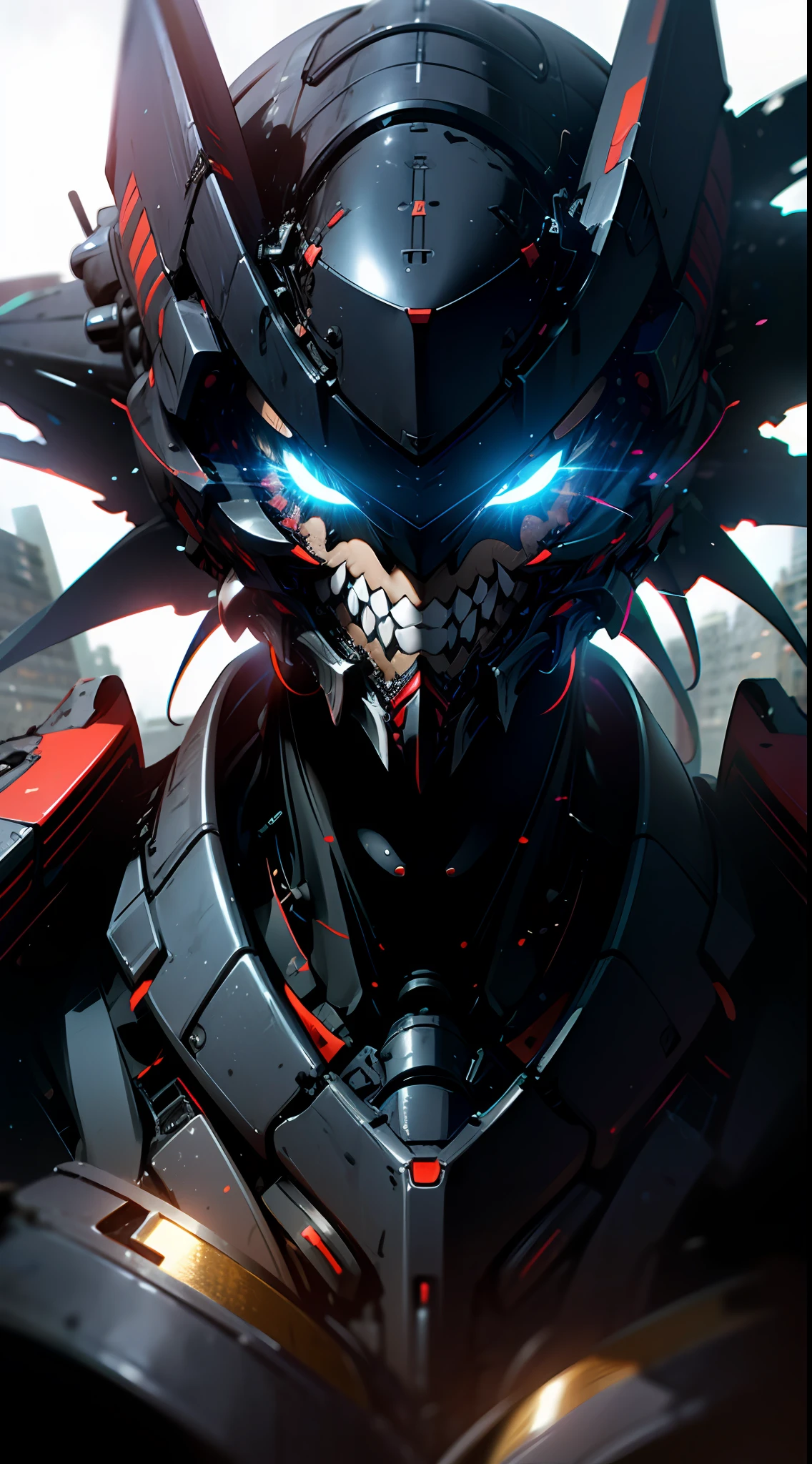(Masterpiece, best quality:1.2),Anime humanoid monster,full portrait,close up shot,high resolution, character design,wearing a futuristic mouth mask,grin,boy,maniac,deranged look,close up shot, vibrant eye color,red and blue eyes, close up shot, creating a crack in reality, powerful aura, destroyed city, very dark,night,8k,64k, HD, unparalleled masterpiece, dynamic lighting, cinematic, epic