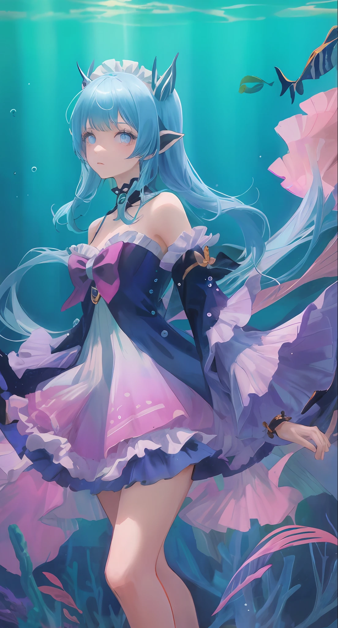 Blue dress, underwater, 1 solo girl, blue hair and eyes, pointed ears, exposed shoulders, headdress, with fins on the head, split sleeves over wrist, unfolded skirt, folded.