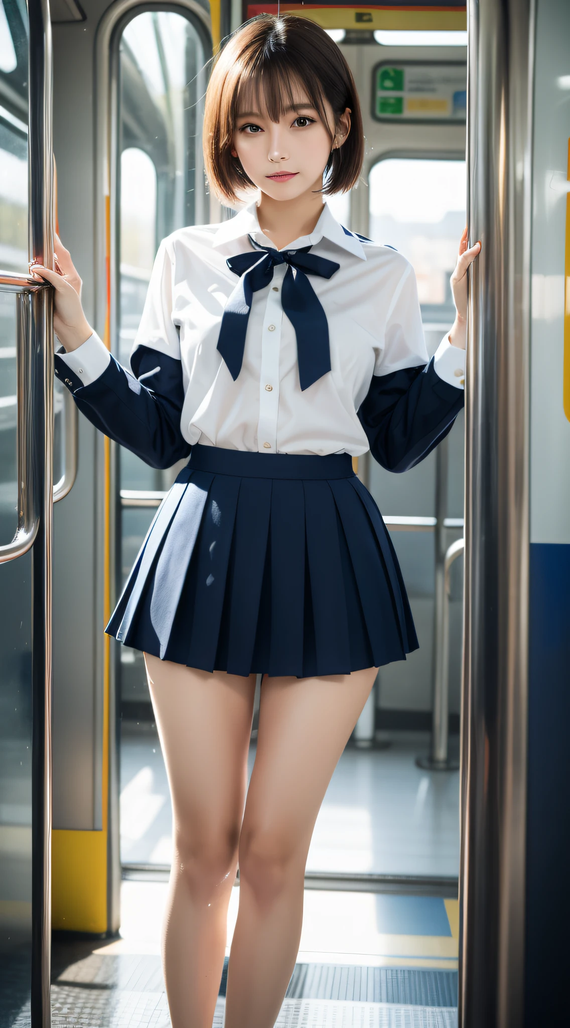 Japanese Girls、18歳の女の子、ple short hair、Blond Hair、bangs、BROWN EYES、Perfect figure、Sense of transparency、luster、gloss、modest chest、School Uniforms、Navy blue ribbon、Light blue shirt、Navy blue skirt、Guangyue、Burning body、hposing Gravure Idol、On the train、Beautiful feet、Strong sunlight、Nasty、Rain-drenched body、wet