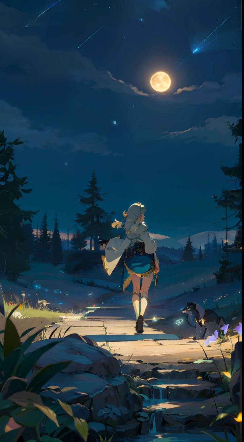 Open landscape , Landscape, panorama shot, (looking up and down), Girl standing in flower garden looking up, (Full moon: 1.2), (Shooting star: 0.9), (Nebula: 1.3), Starry sky, White flower garden, Shining flower garden, Fantastic flower garden, Trees, (Warm light source: 1. 2), (Firefly: 1.2), Lamp, orange and blue mostly fine Detail, (Masterpiece:1.2), (Top Quality), 4k, Ultrafine Detail, (Dynamic Composition:1.4), (Masterpiece:1. 2), (Top Quality), Lamp, Mainly Fine Detail in Orange and Blue Voluminous Lighting BREAK ( (Masterpiece:1. 2), (Top Quality), 4k, Ultra-Detailed, (Dynamic Composition:1.4), Very Fine Detail, Colorful Detail, (Iridescent:1. 2), (Luminous Lighting, Ambient Lighting), Dreamlike, Fantastic, (Solo:1 .2) sparkle, shine, petals dancing, dancing light, white hair, beautiful hair, long hair, cat ears, back view, water effect, soap bubbles, pose, large lace sleeves