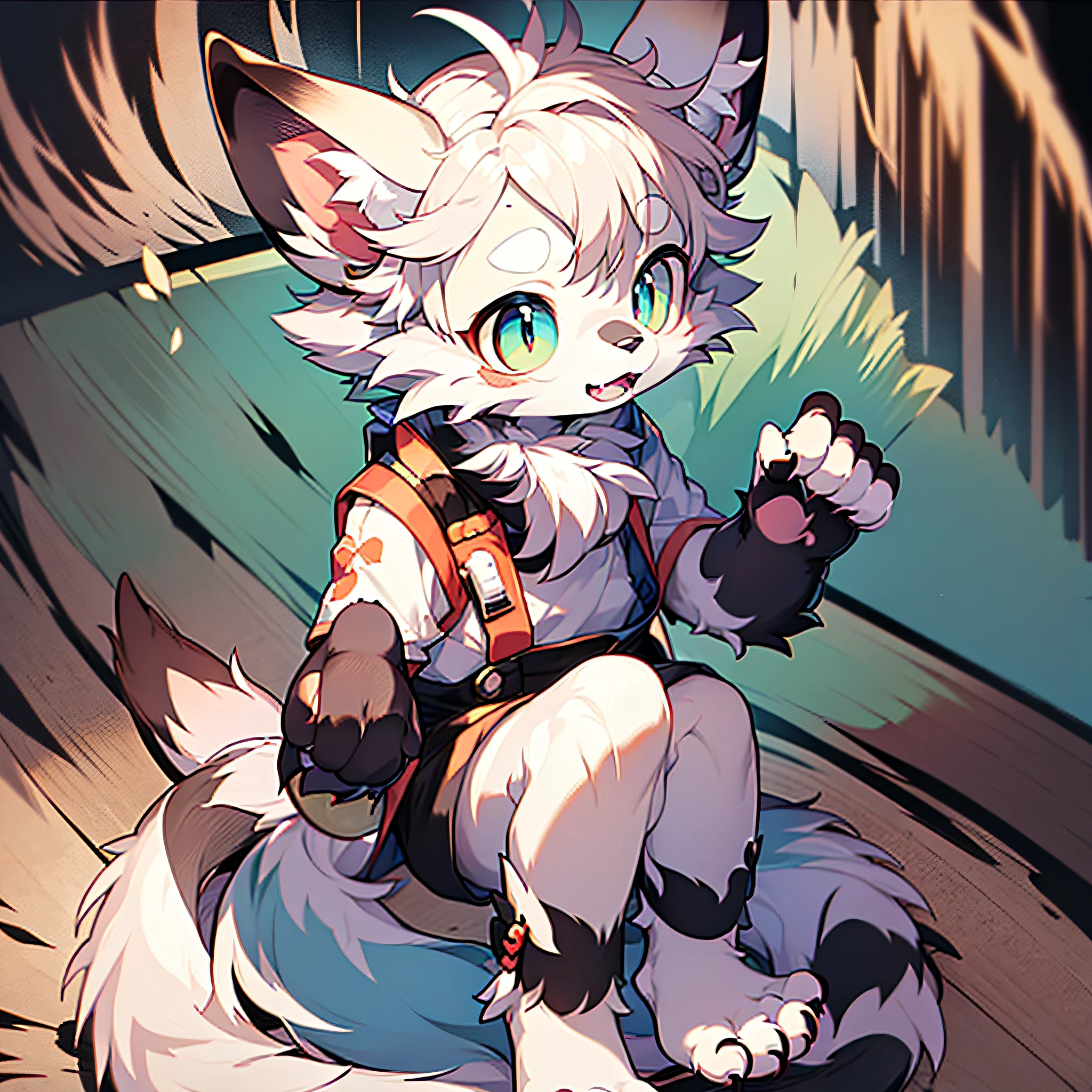 Furry Canine Forelimb Hands Hind Limb Leg Foot Standing Shota Little Boy Overall White Head, Arms, Body and Legs with Bluish Black Pattern All Body Pink Meat Pad Eyes Pupil Blue Furry No Clothing Two Ears Bend Push Palm Spread Kawaii Super Cute Face Furry Volume Light Super Fine Fur Ambient Light