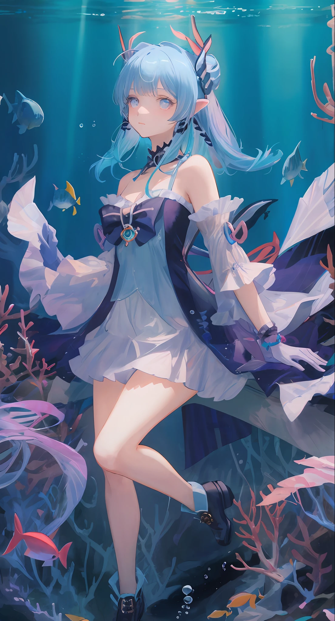 Blue dress, underwater, 1 solo girl, blue hair and eyes, pointed ears, exposed shoulders, headdress, with fins on the head, split sleeves over wrist, unfolded skirt, folded.