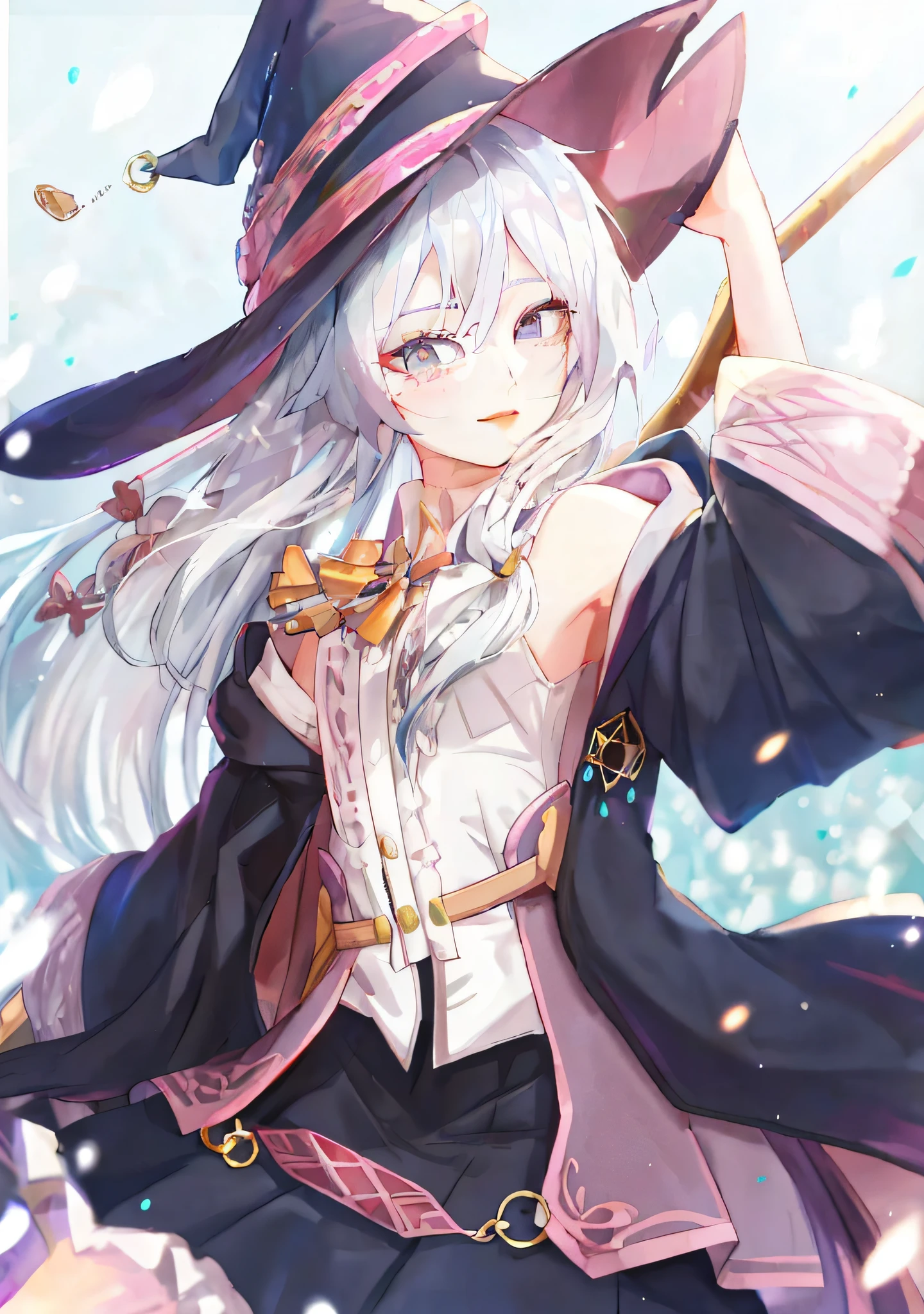 anime girl in a witch costume with a broom and hat, flirty anime witch casting magic, splash art anime loli, best anime 4k konachan wallpaper, white haired deity, perfect white haired girl, beautiful wizard, ayaka genshin impact, anime art wallpaper 4 k, anime art wallpaper 4k, witch academia, sky witch, detailed anime character art